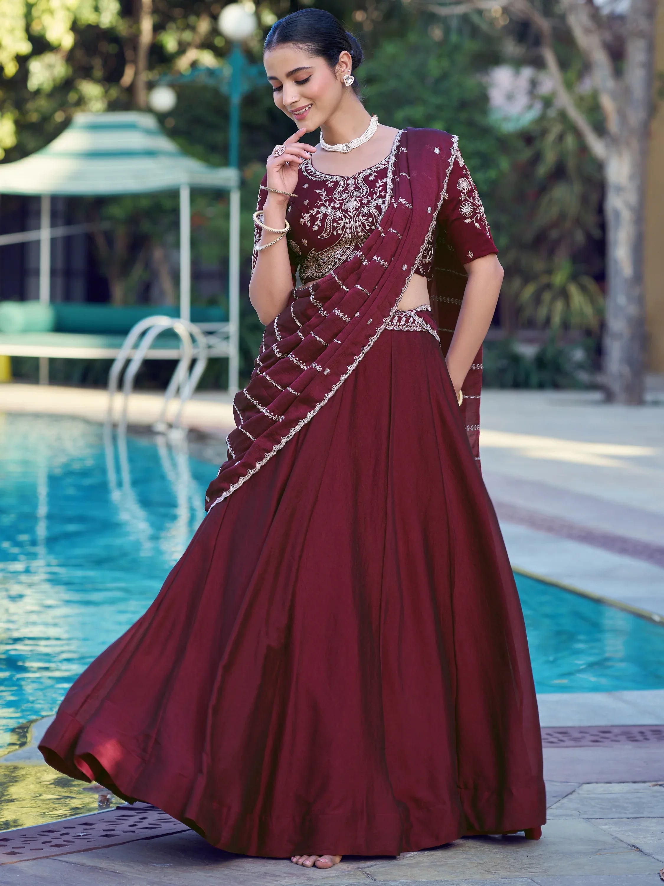 Gorgeous Maroon Sequins Crushed Wedding Wear Lehenga Choli