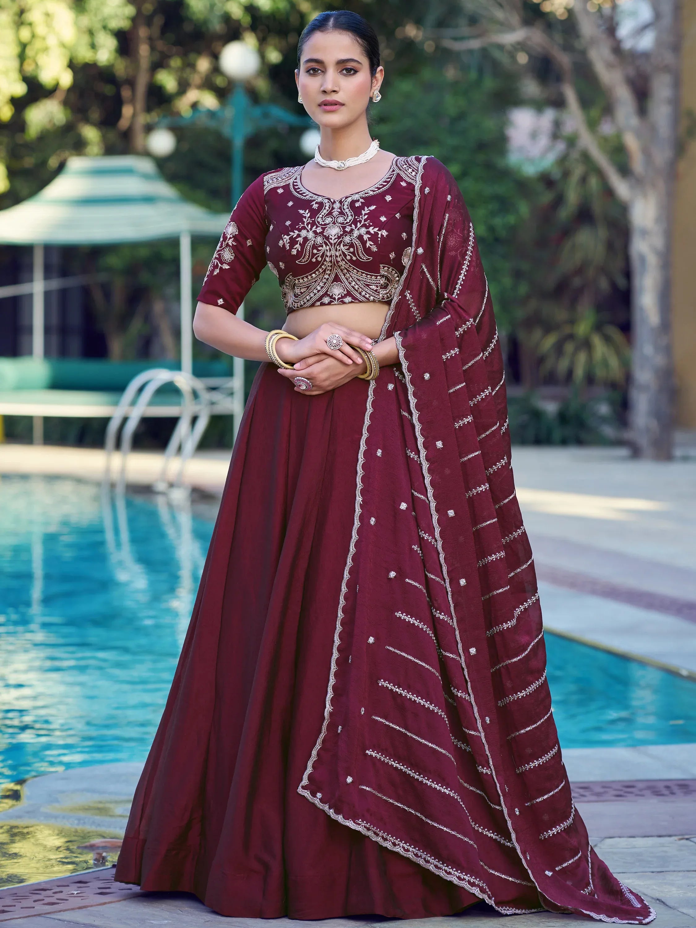 Gorgeous Maroon Sequins Crushed Wedding Wear Lehenga Choli