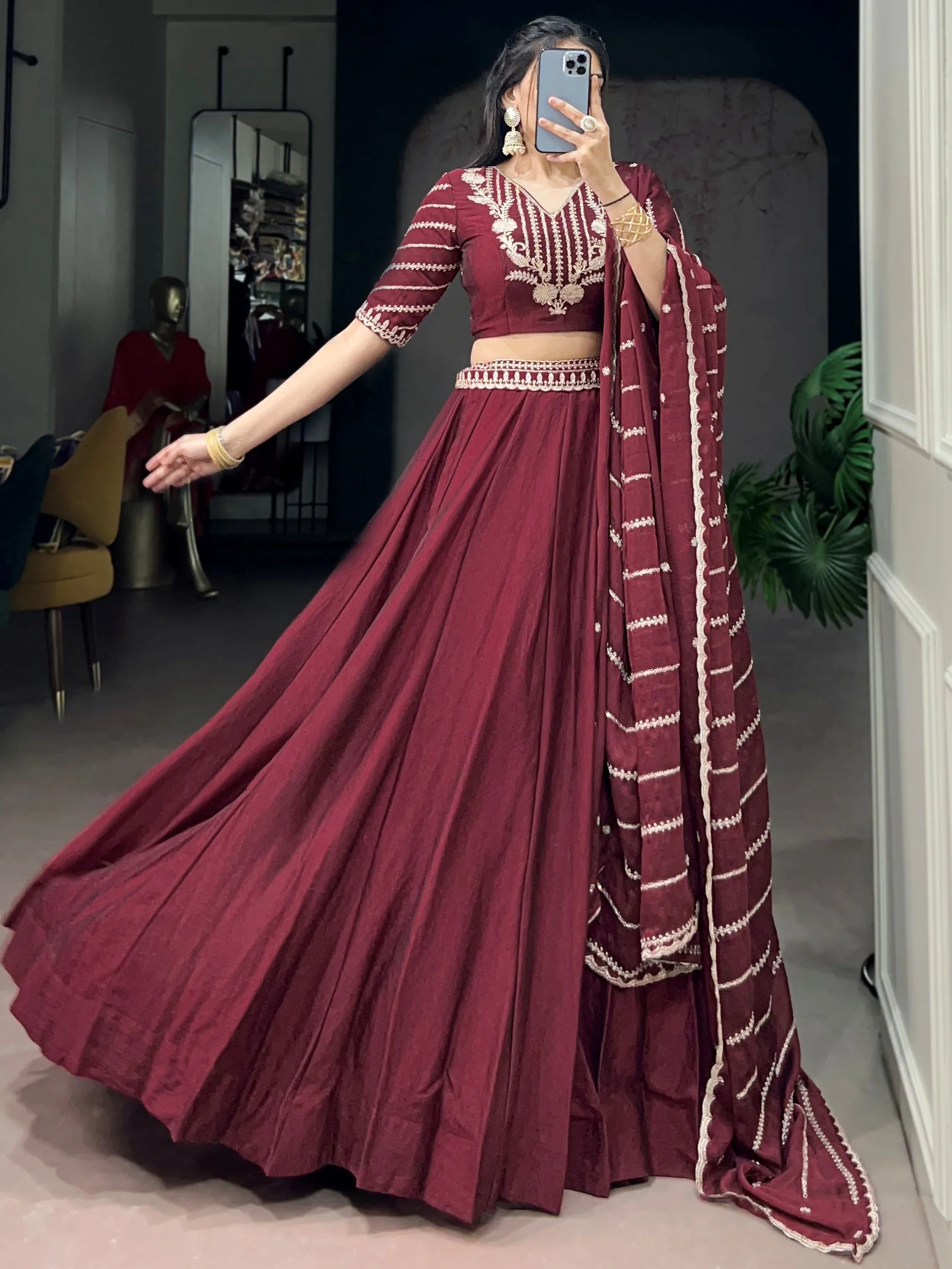 Aesthetic Maroon Crushed Wedding Wear Lehenga With Embroidered Choli