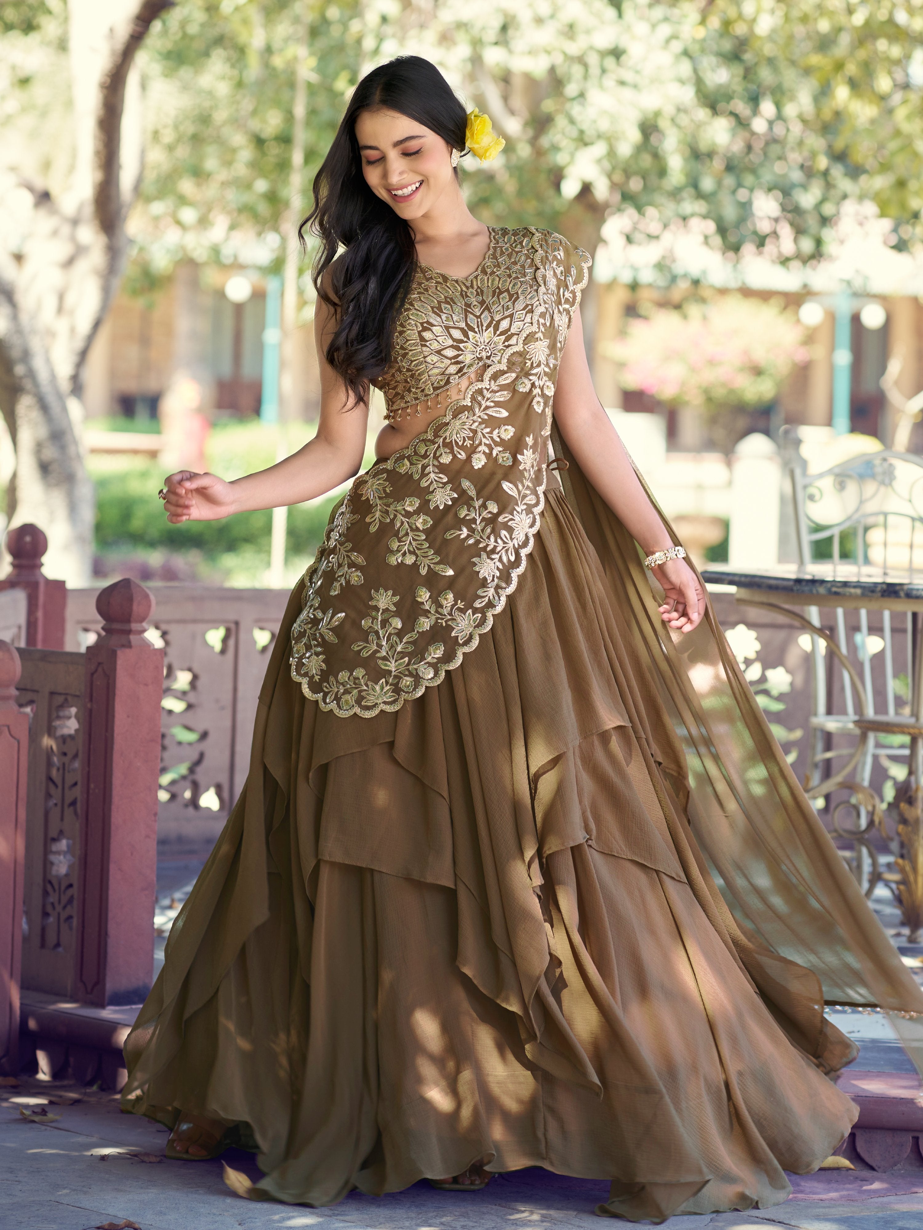 Charming Brown Sequins Georgette Sangeet Wear Lehenga Choli