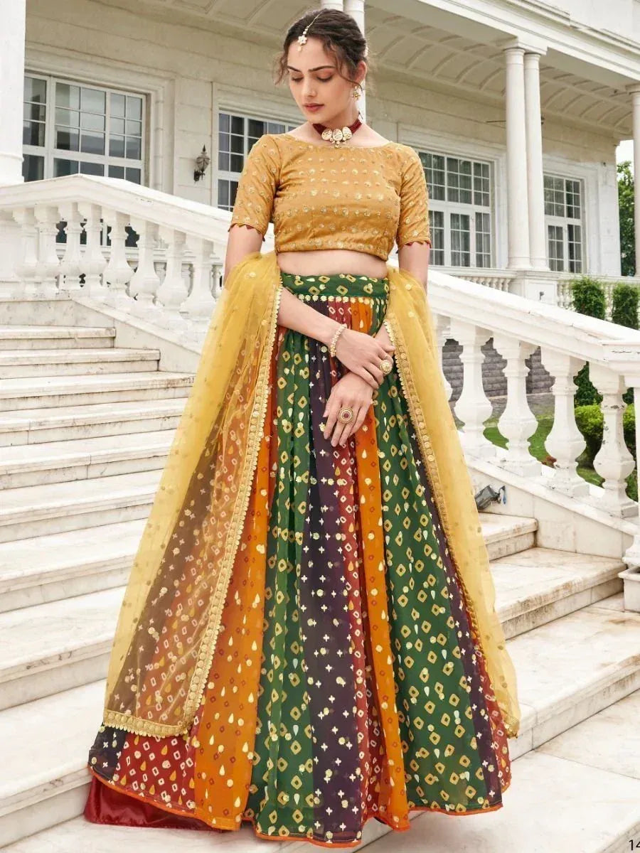 Woman in vibrant Indian lehenga choli with gold blouse, colorful skirt, and dupatta, styled for festive occasions