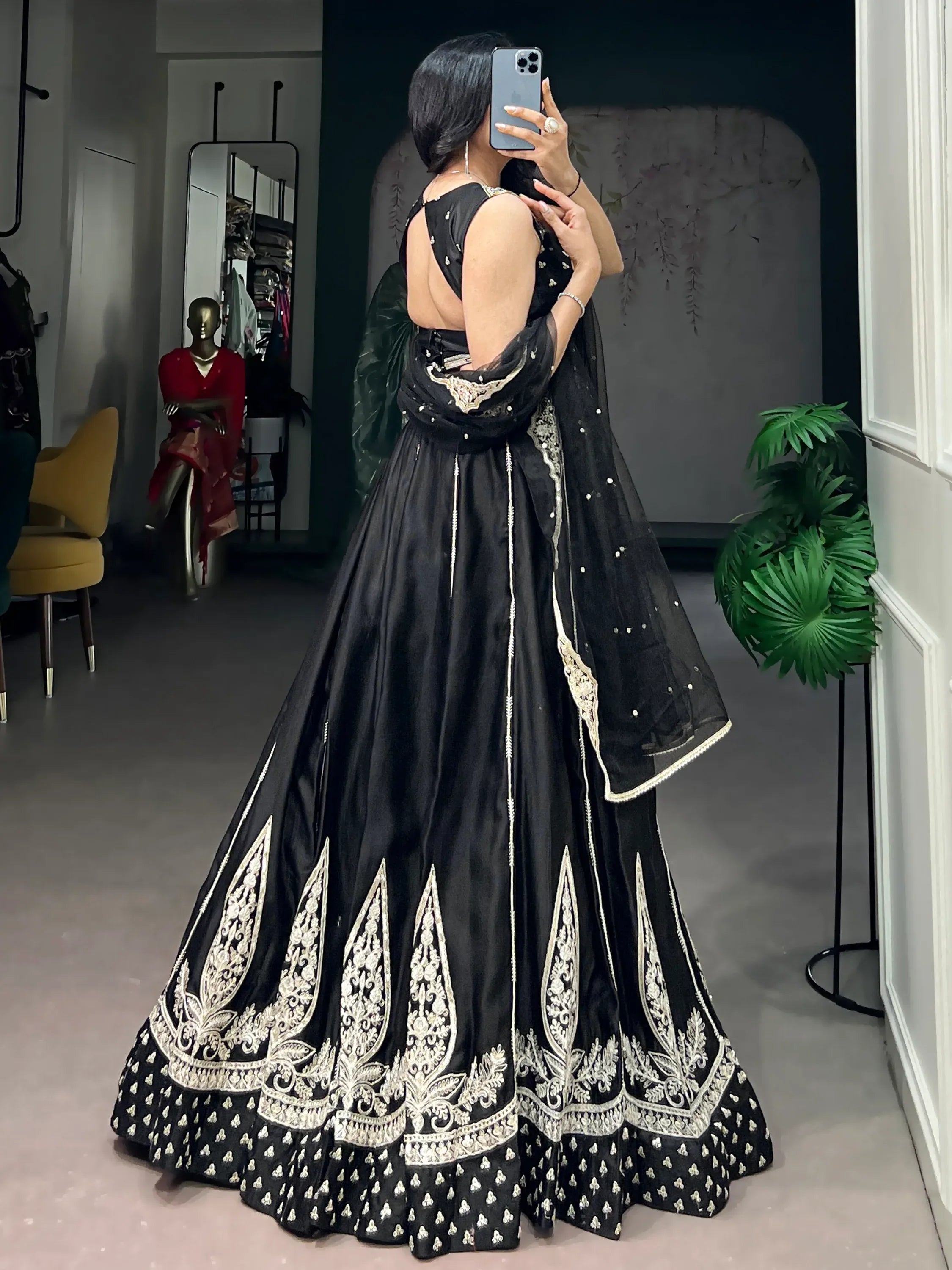 Beautiful Black Thread Work Silk Wedding Wear Lehenga With Blouse