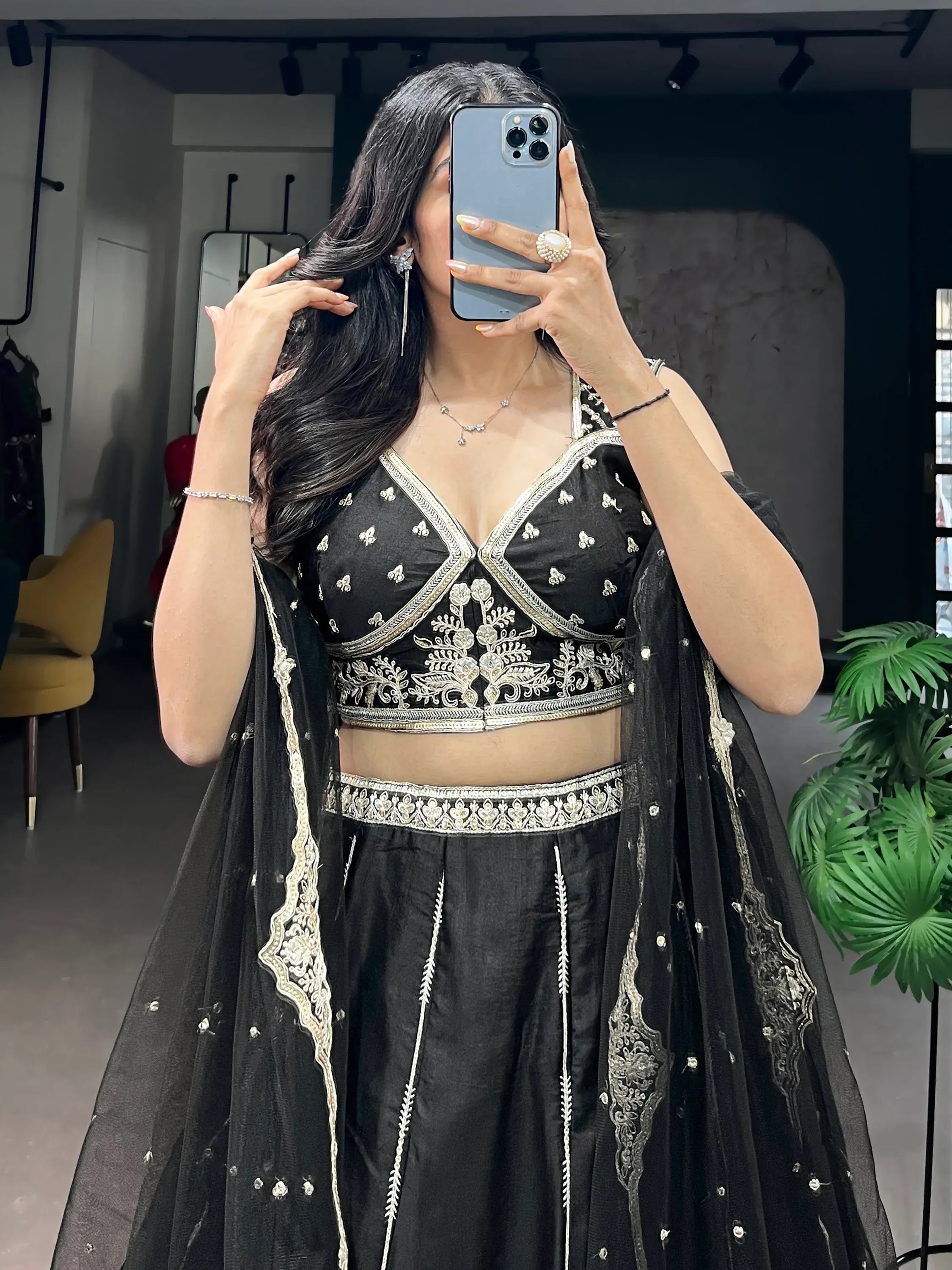 Beautiful Black Thread Work Silk Wedding Wear Lehenga With Blouse