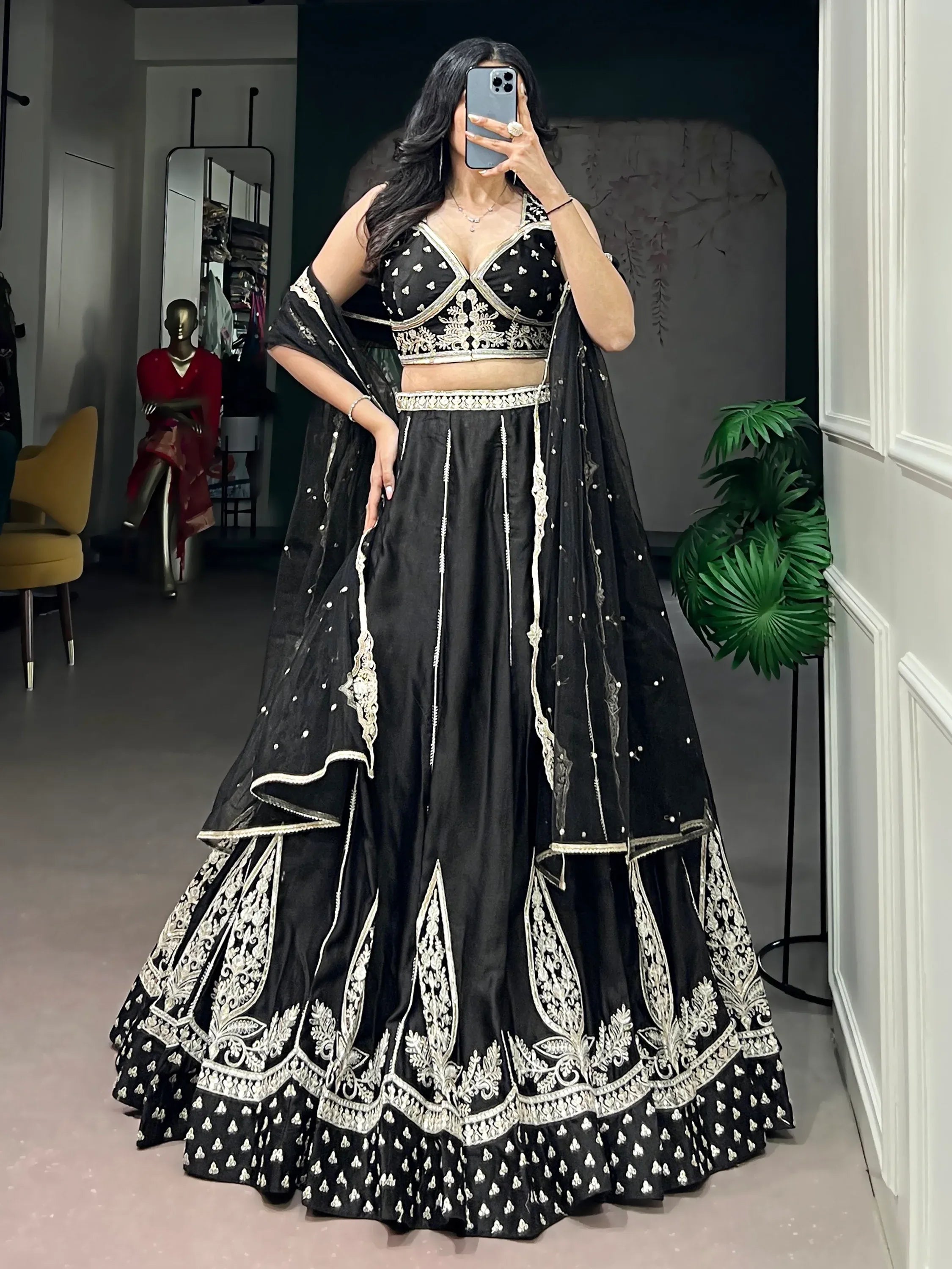 Beautiful Black Thread Work Silk Wedding Wear Lehenga With Blouse