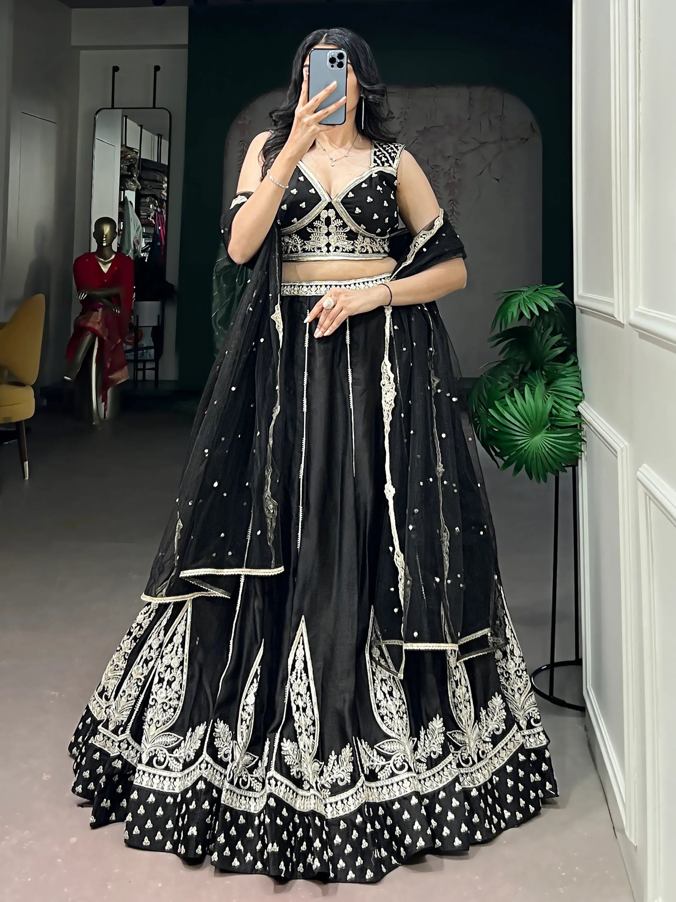 Beautiful Black Thread Work Silk Wedding Wear Lehenga With Blouse