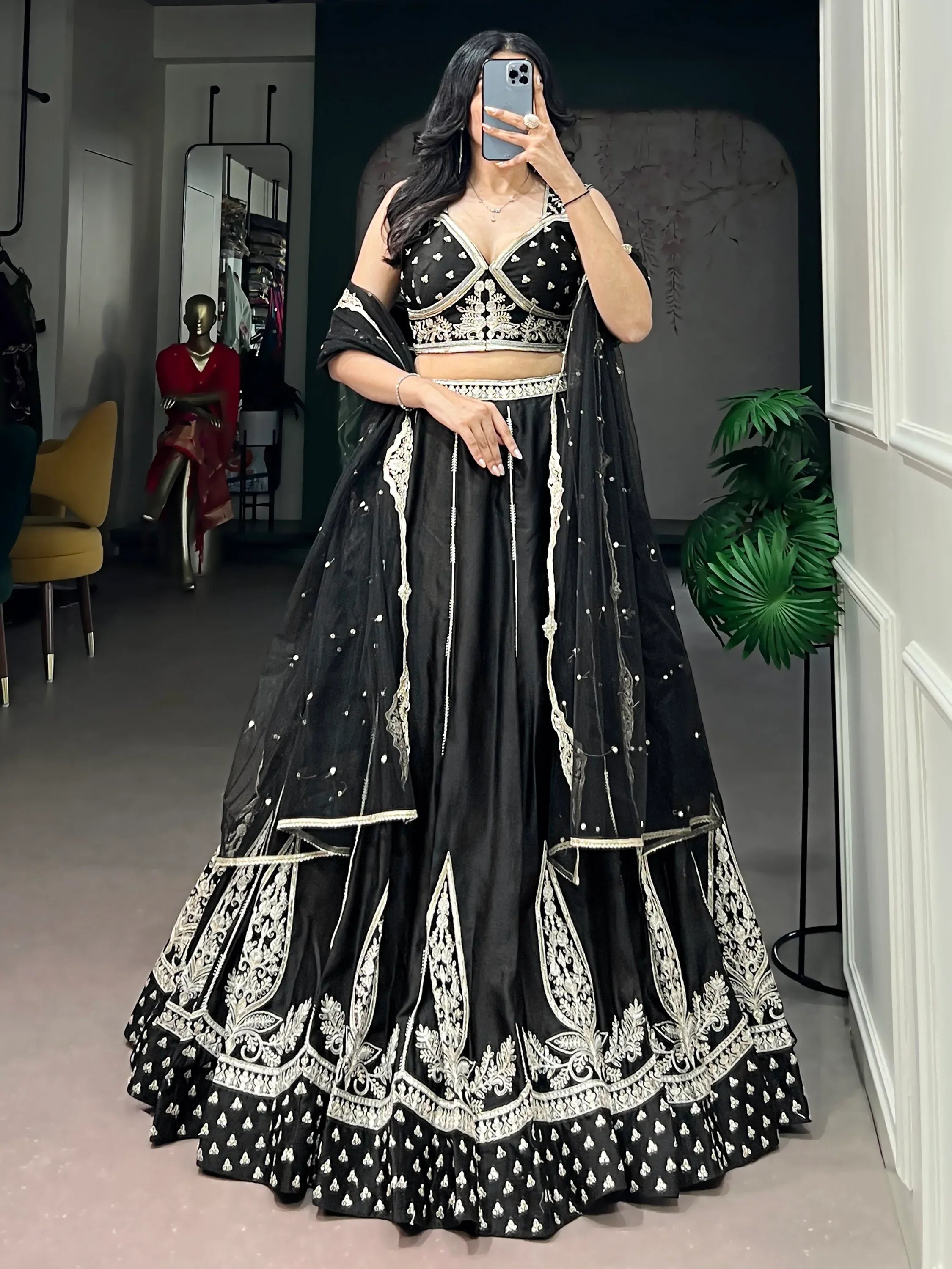 Beautiful Black Thread Work Silk Wedding Wear Lehenga With Blouse