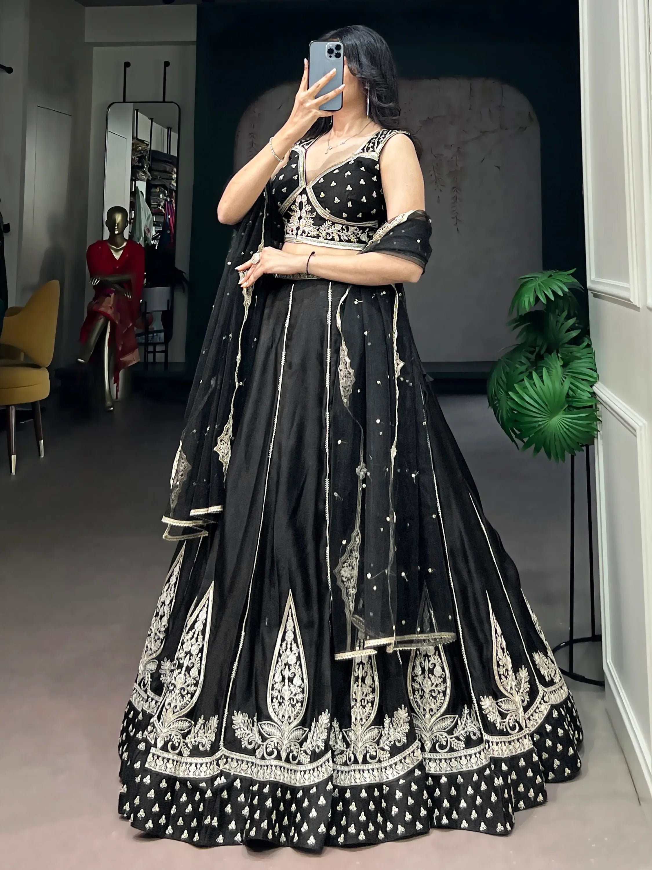 Beautiful Black Thread Work Silk Wedding Wear Lehenga With Blouse