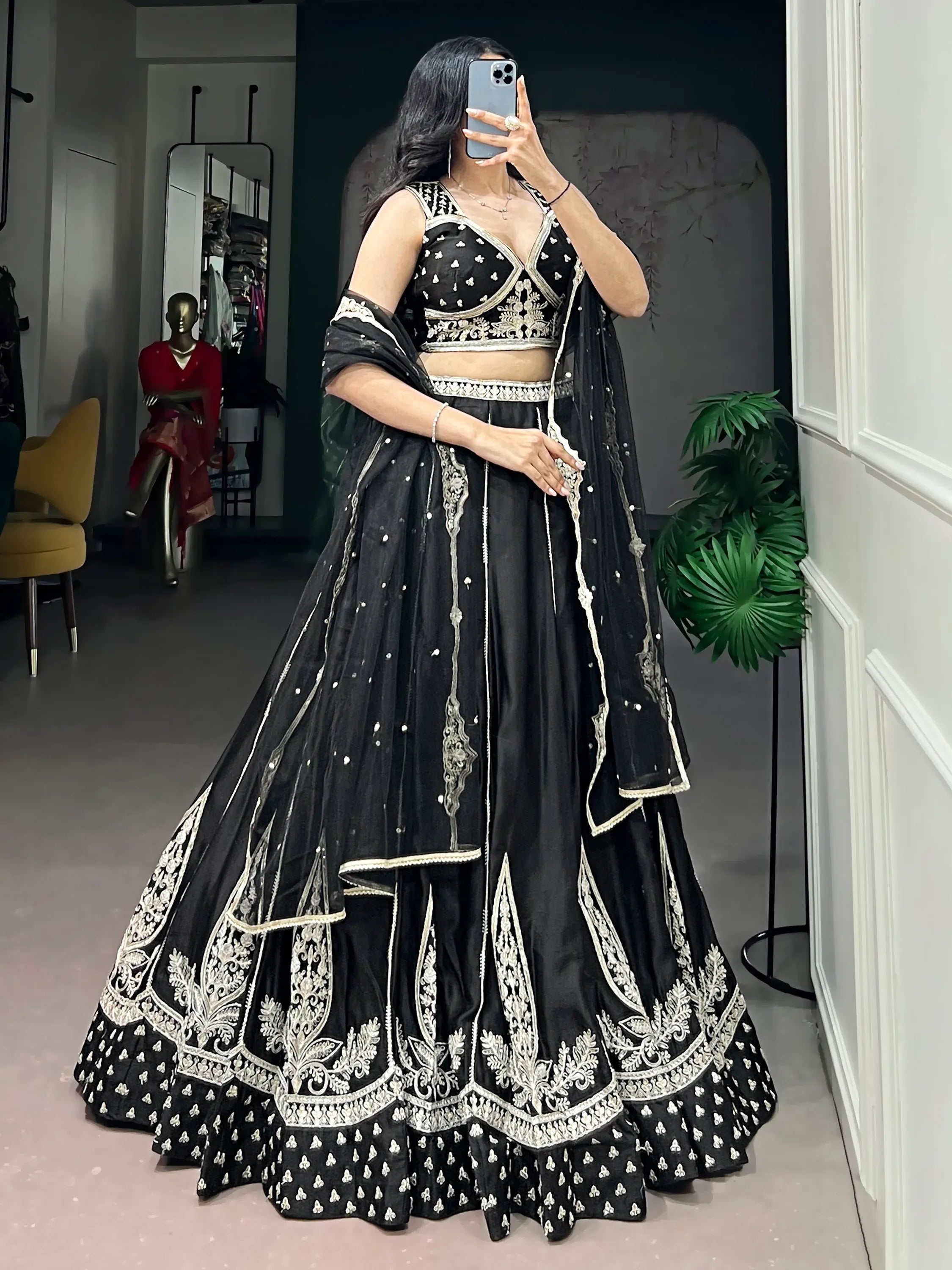 Beautiful Black Thread Work Silk Wedding Wear Lehenga With Blouse