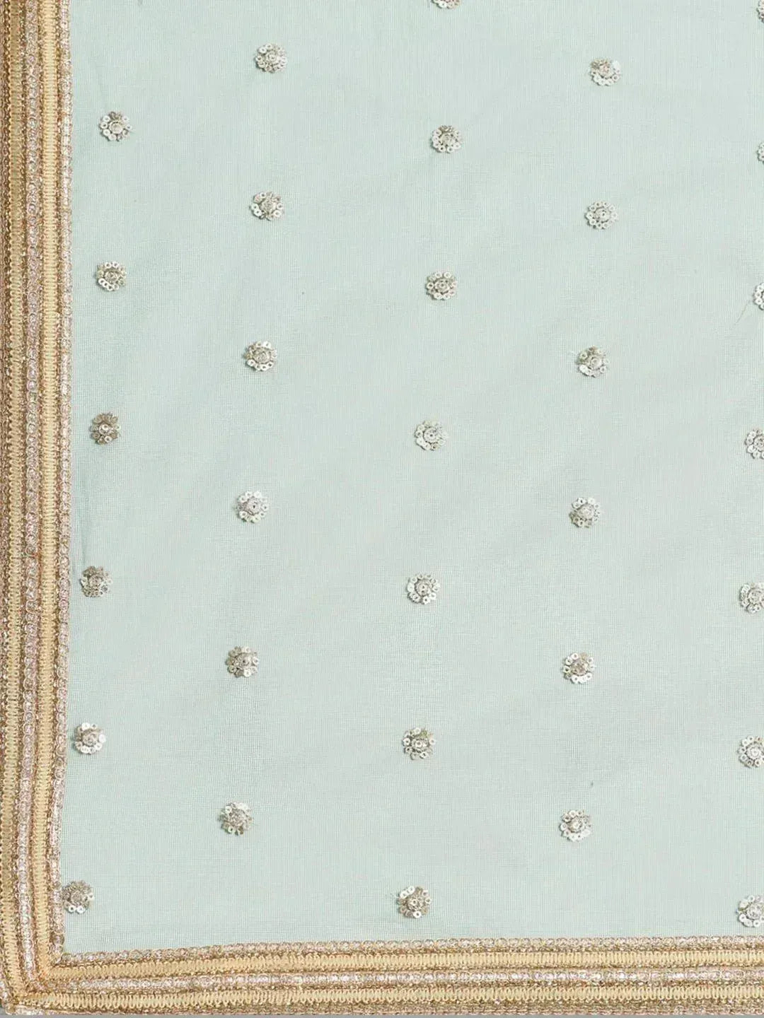 Mint green ethnic fabric with floral sequin embroidery and gold border detailing