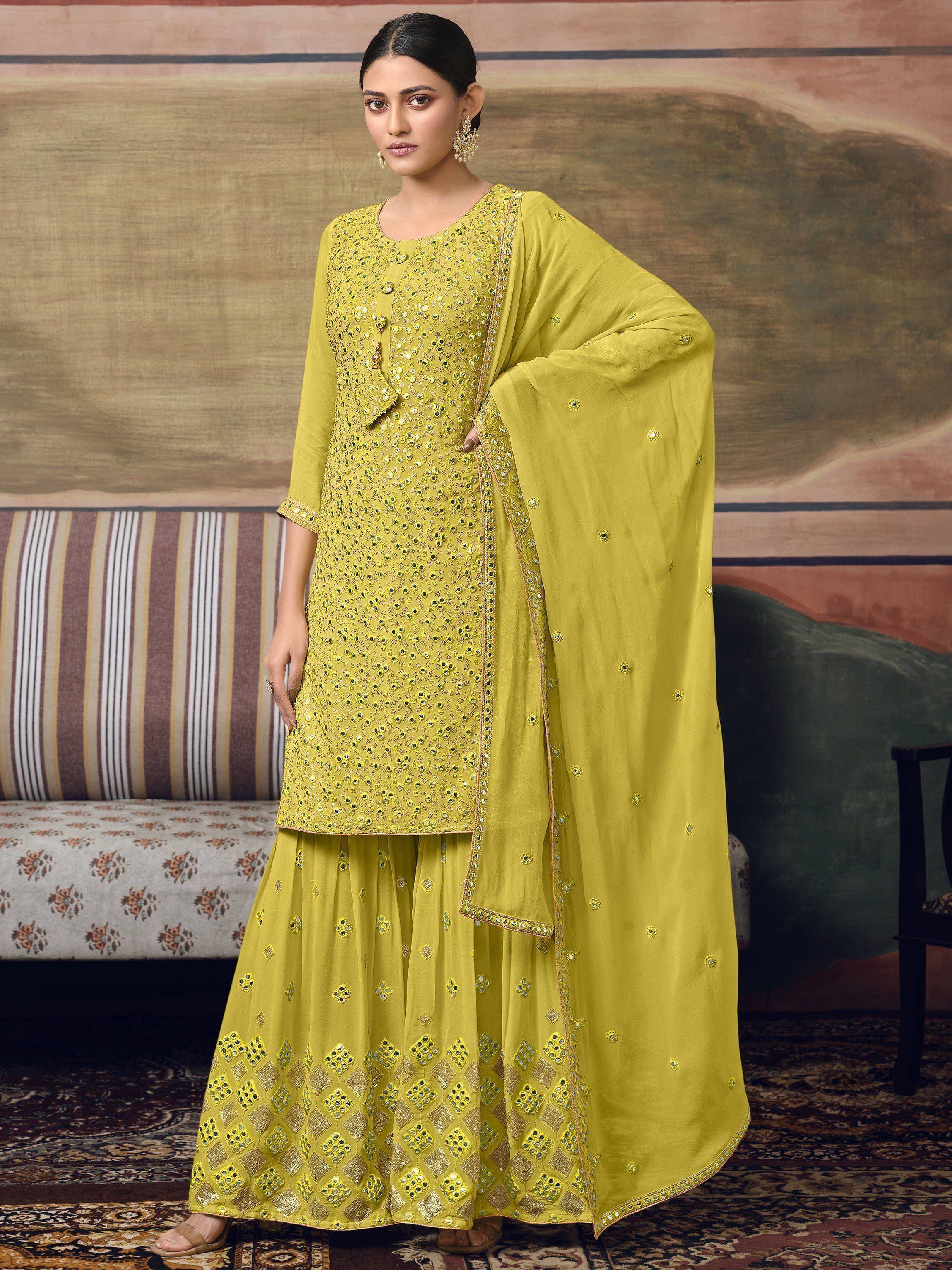 Yellow ethnic salwar kameez with mirror work and dupatta, Indian designer wear