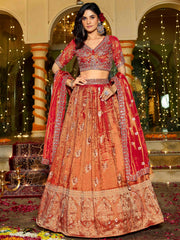 Attractive Orange Zari Weaving Tissue Engagement Wear Lehenga Choli