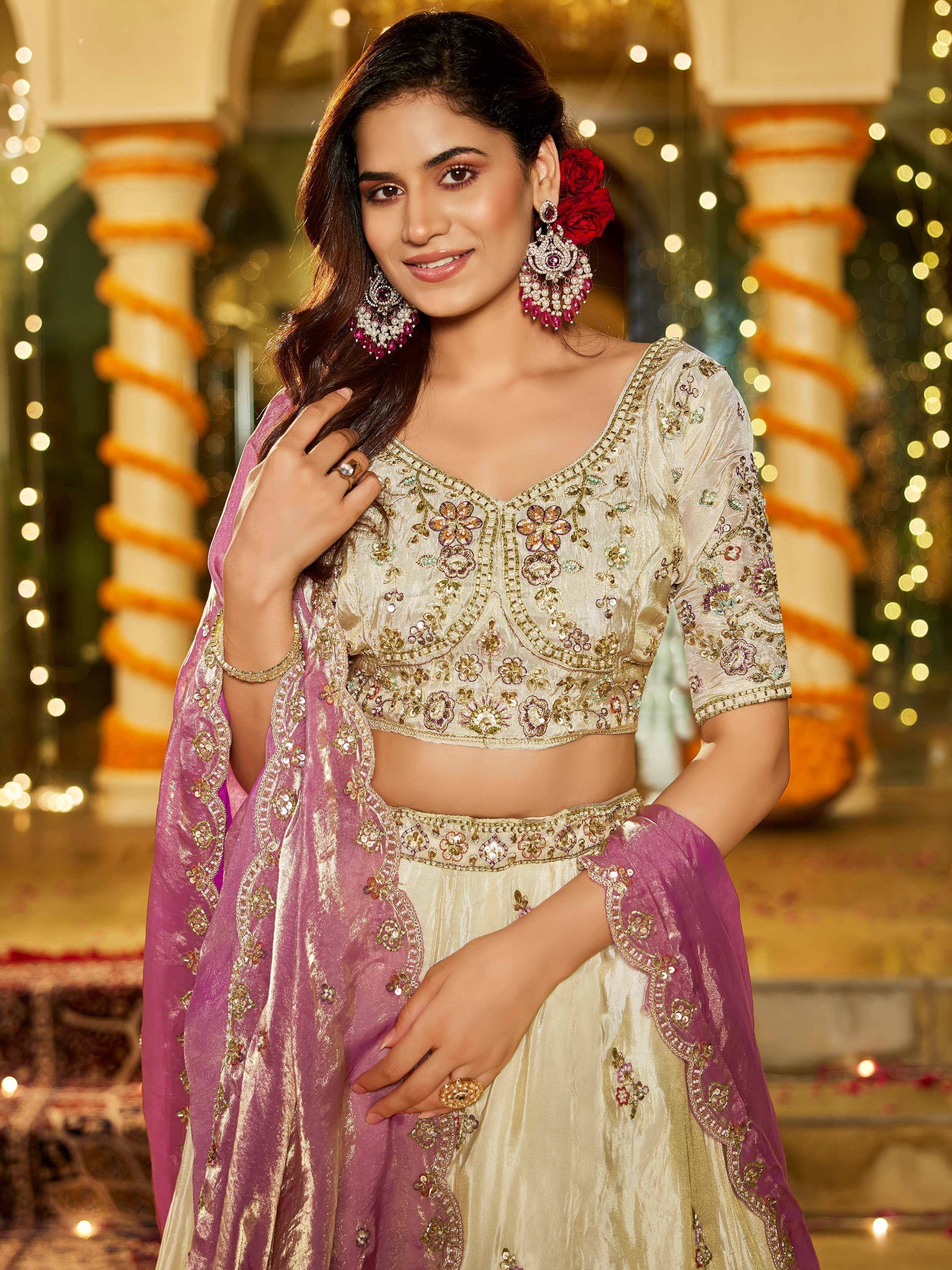 Impressive Beige Embroidered Tissue Engagement Wear Lehenga Choli