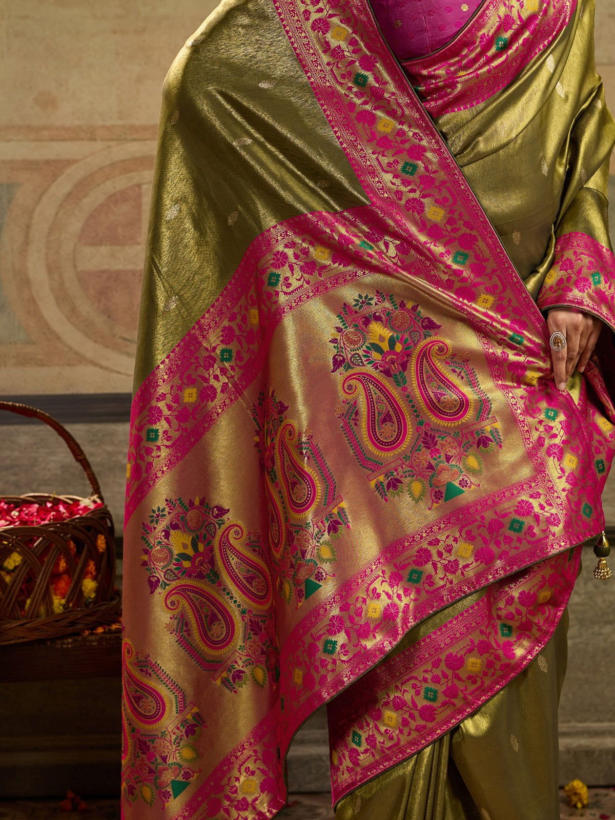 Exquisite Olive Green Butti Work Tissue Silk Event Wear Saree With Blouse