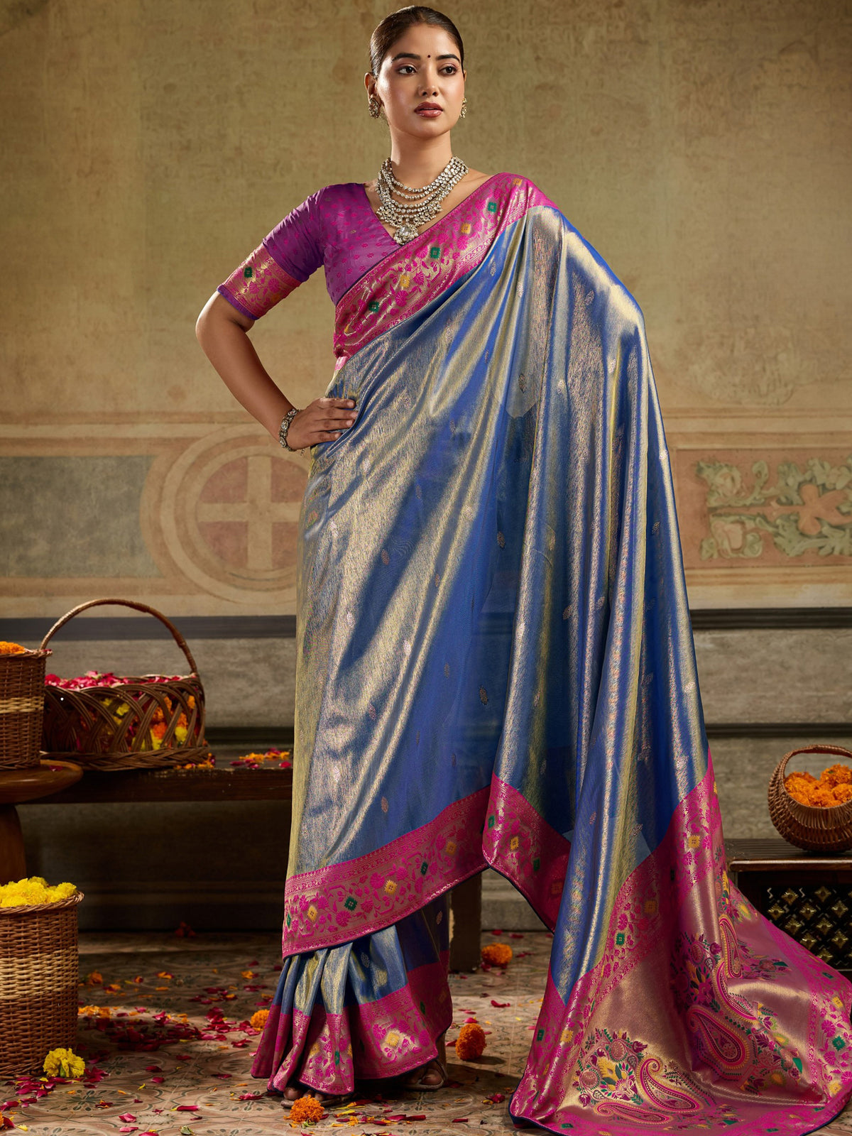Stunning Blue Zari Woven Tissue Silk Marriage Wear Saree With Blouse