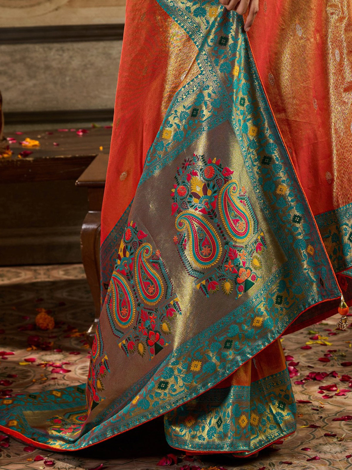 Graceful Orange Zari Weaving Tissue Silk Traditional Saree With Blouse