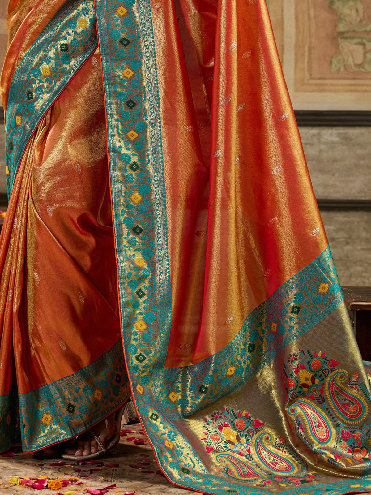 Graceful Orange Zari Weaving Tissue Silk Traditional Saree With Blouse