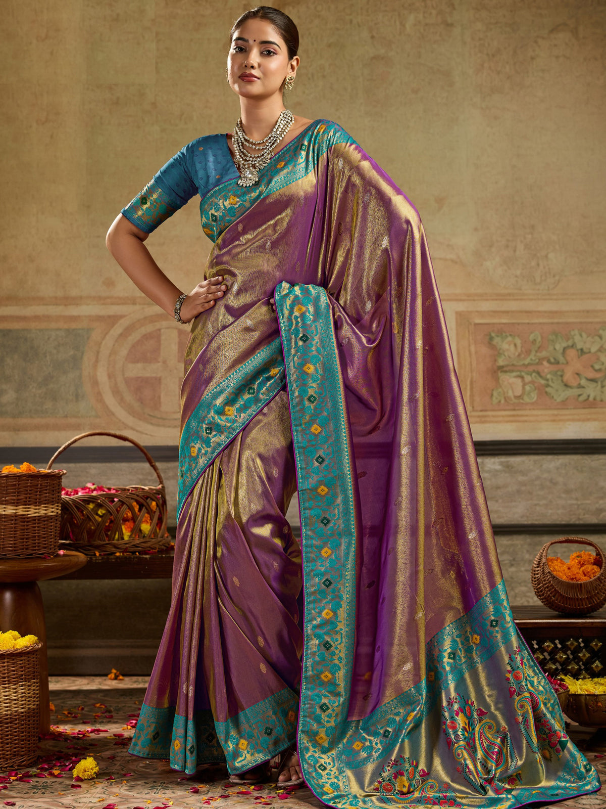 Fantastic Mauve Minakari Wok Tissue Silk Wedding Wear Saree With Blouse