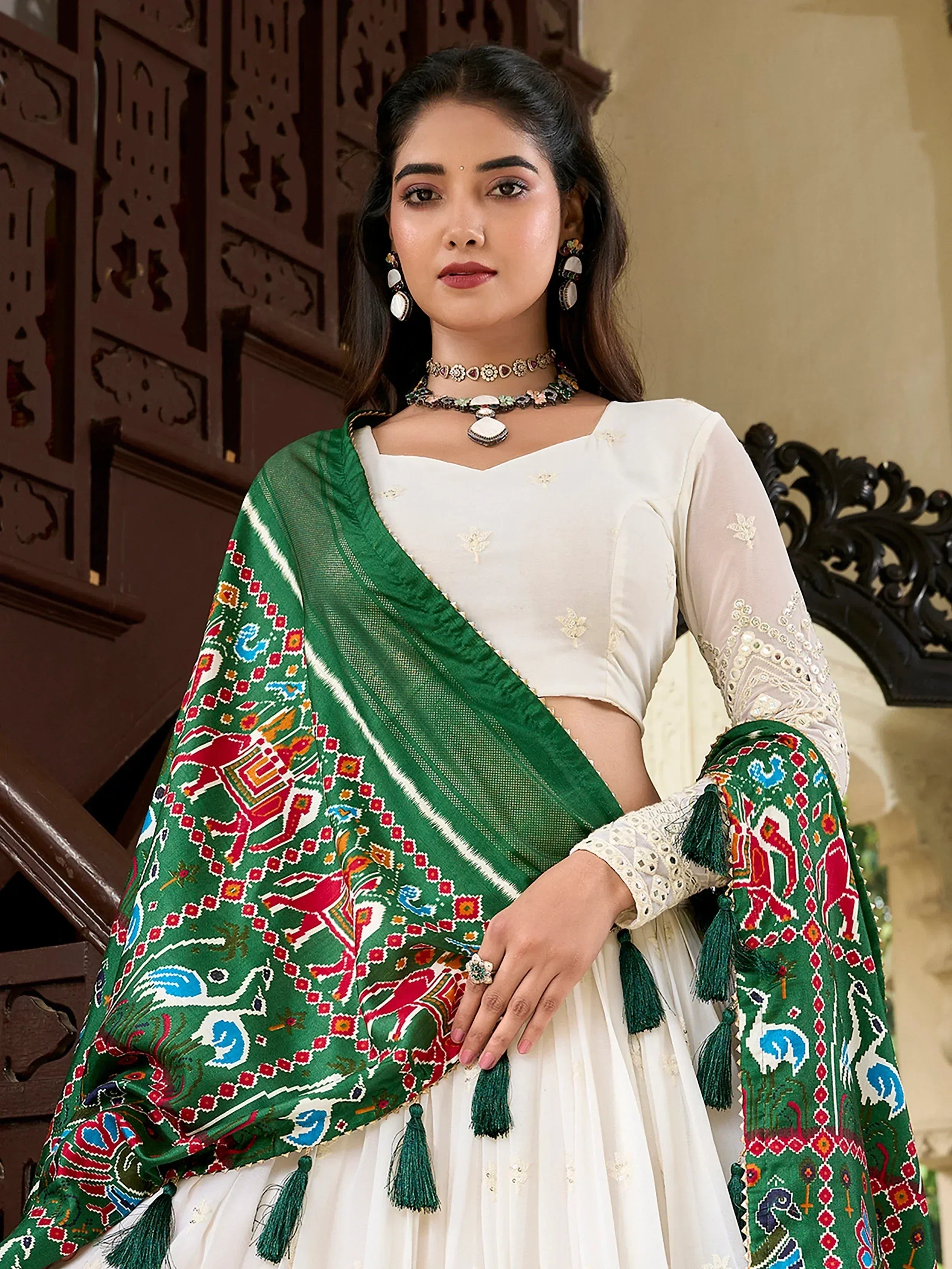 White embroidered salwar kameez with green printed dupatta, ethnic Indian wear for women