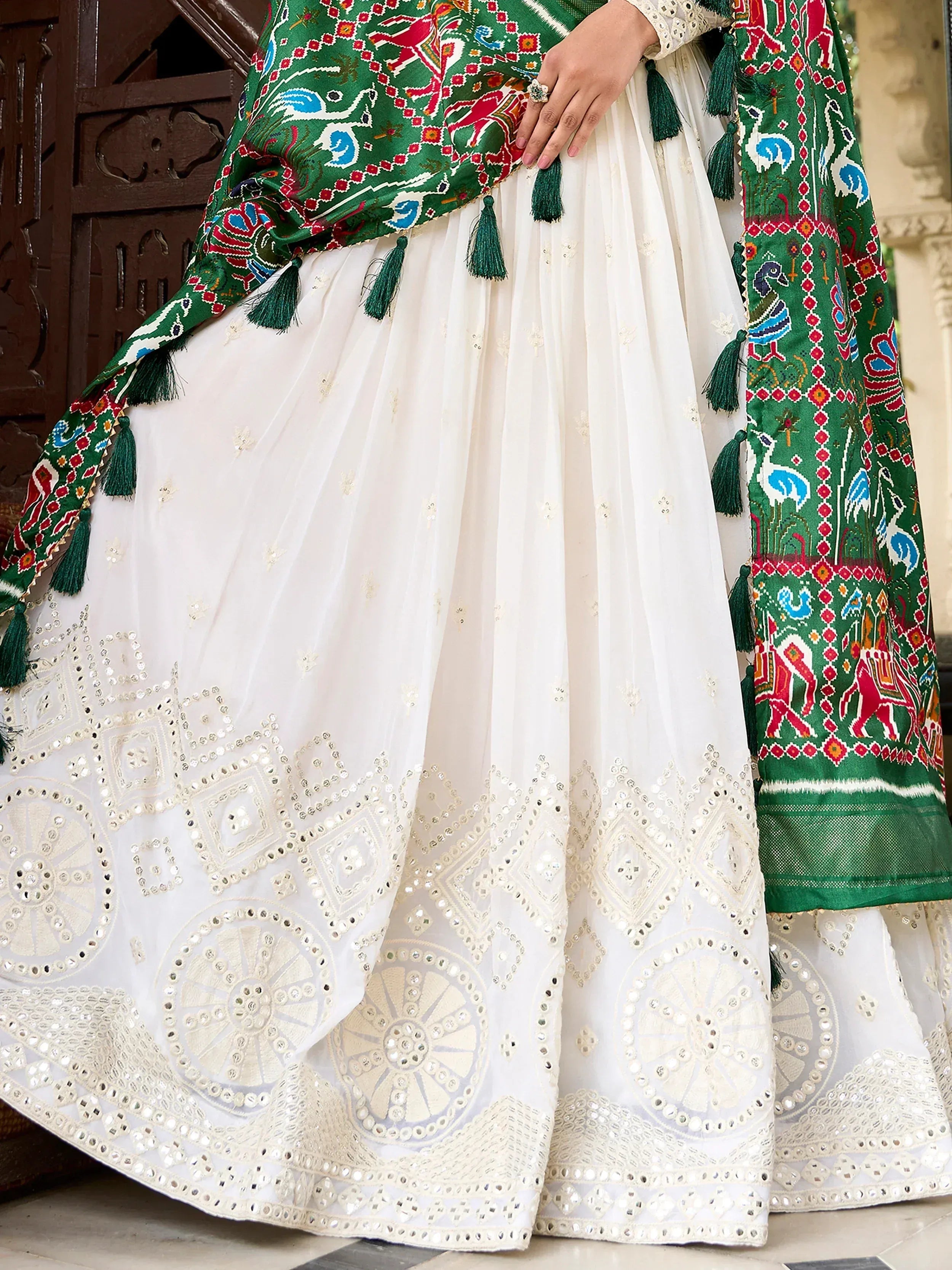 White embroidered lehenga with green printed dupatta, ethnic Indian wear for women