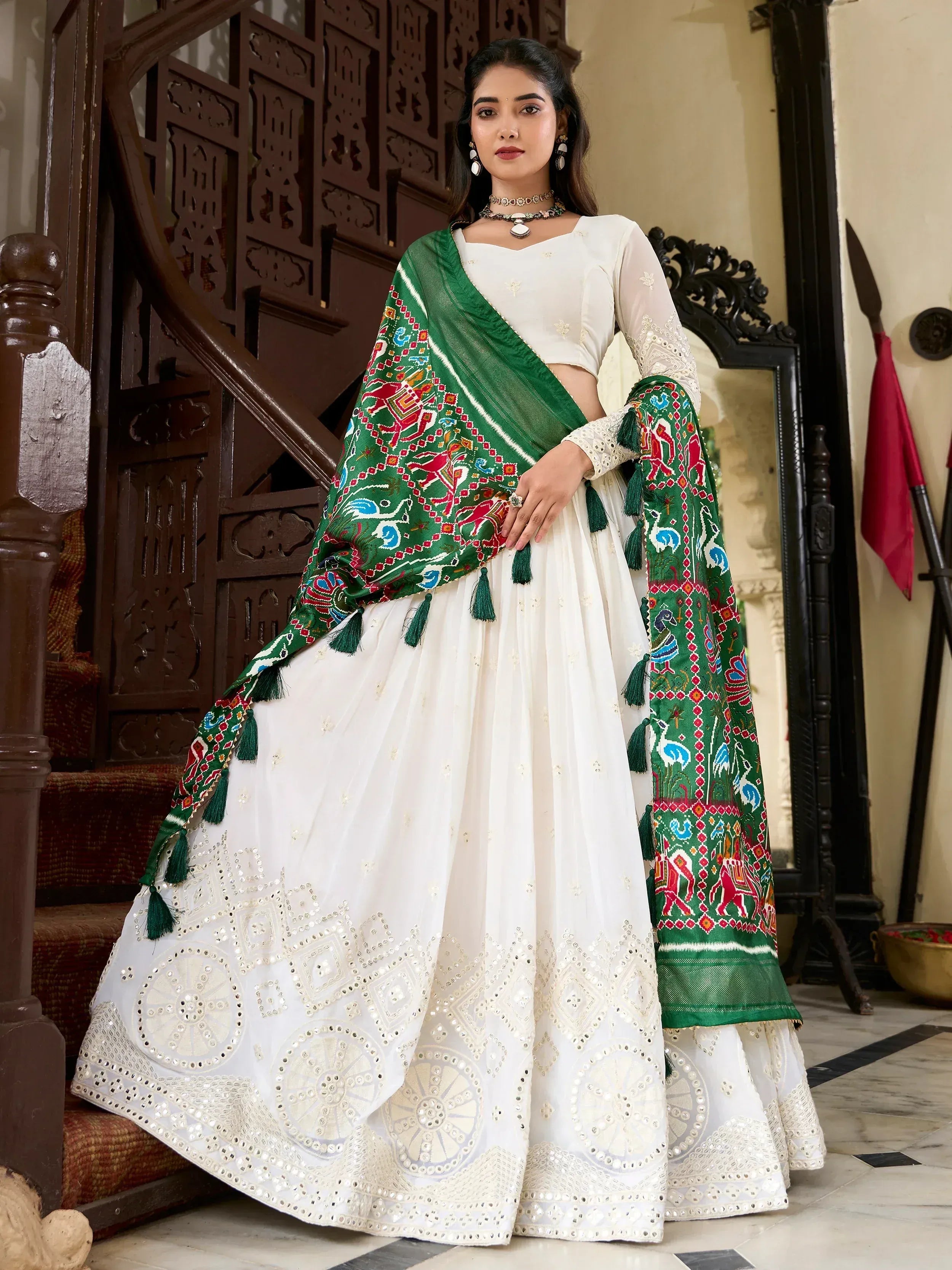 White embroidered lehenga choli with green printed dupatta, Indian ethnic wear for women