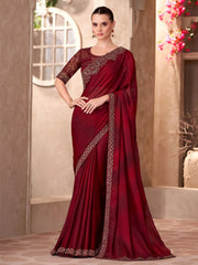 Gorgeous Maroon Chiffon Border Work Wedding Wear Saree