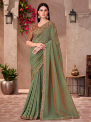 Glamorous Green Georgette Border Work Mehendi Wear Saree With Blouse