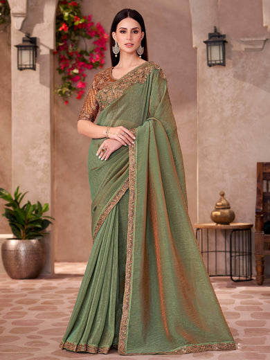 Glamorous Green Georgette Border Work Mehendi Wear Saree With Blouse