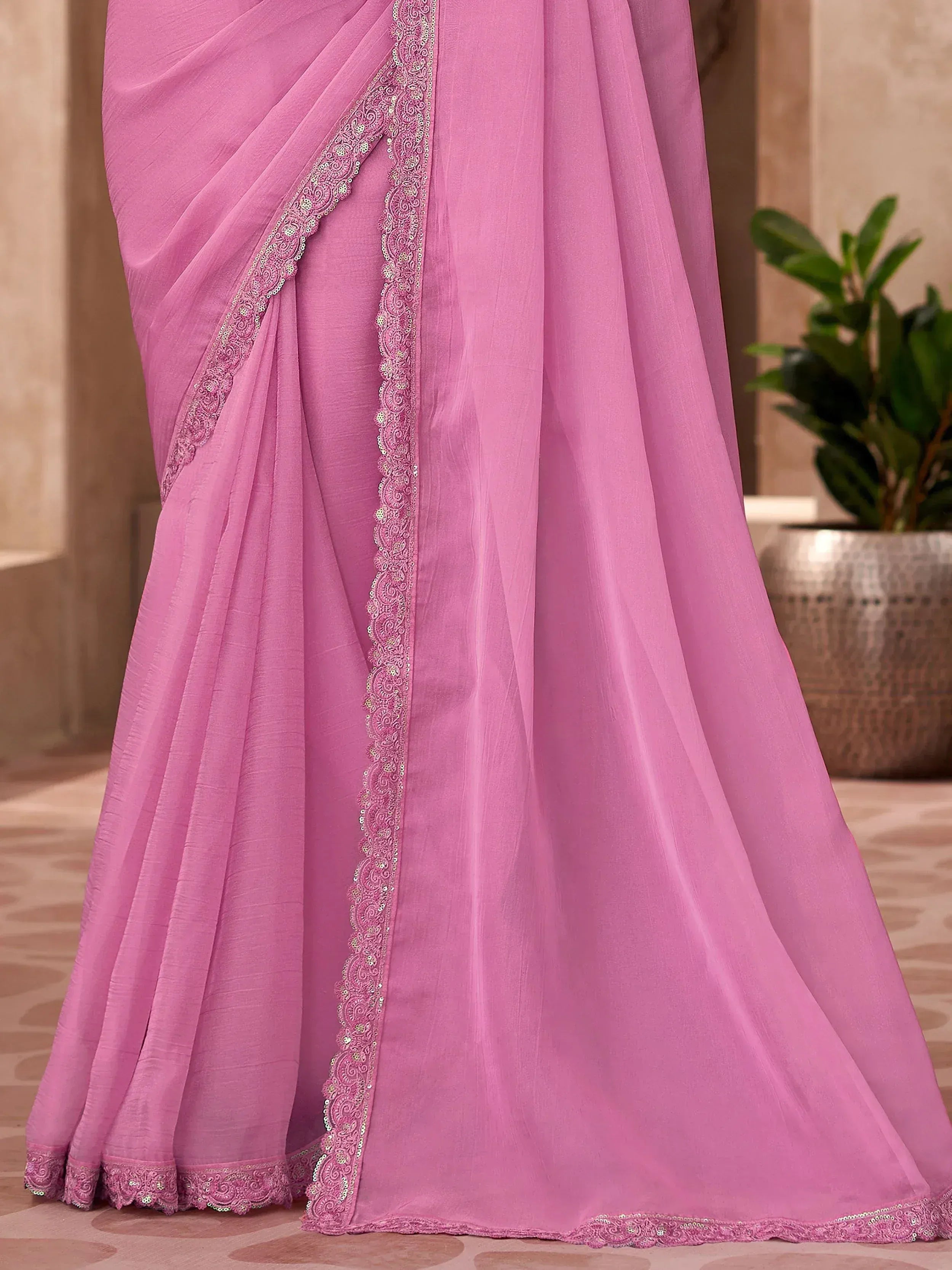 Tantalizing Light Pink Chiffon Floral Embroidered Saree With Blouse