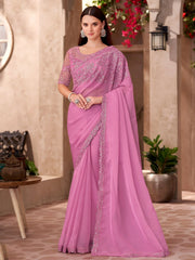 Tantalizing Light Pink Chiffon Floral Embroidered Saree With Blouse