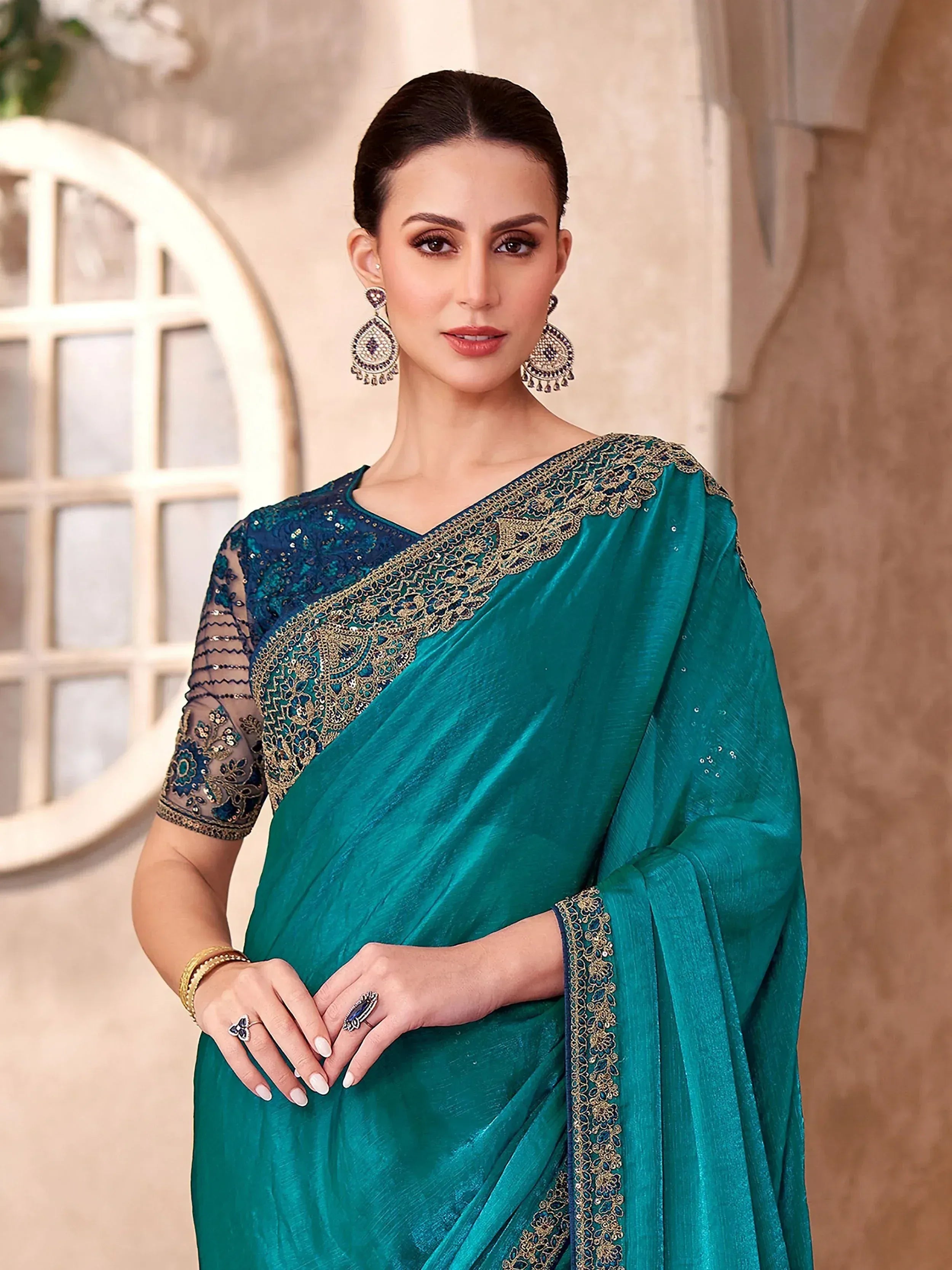 Teal designer saree with gold embroidery and sequin blouse, ethnic Indian wear for women