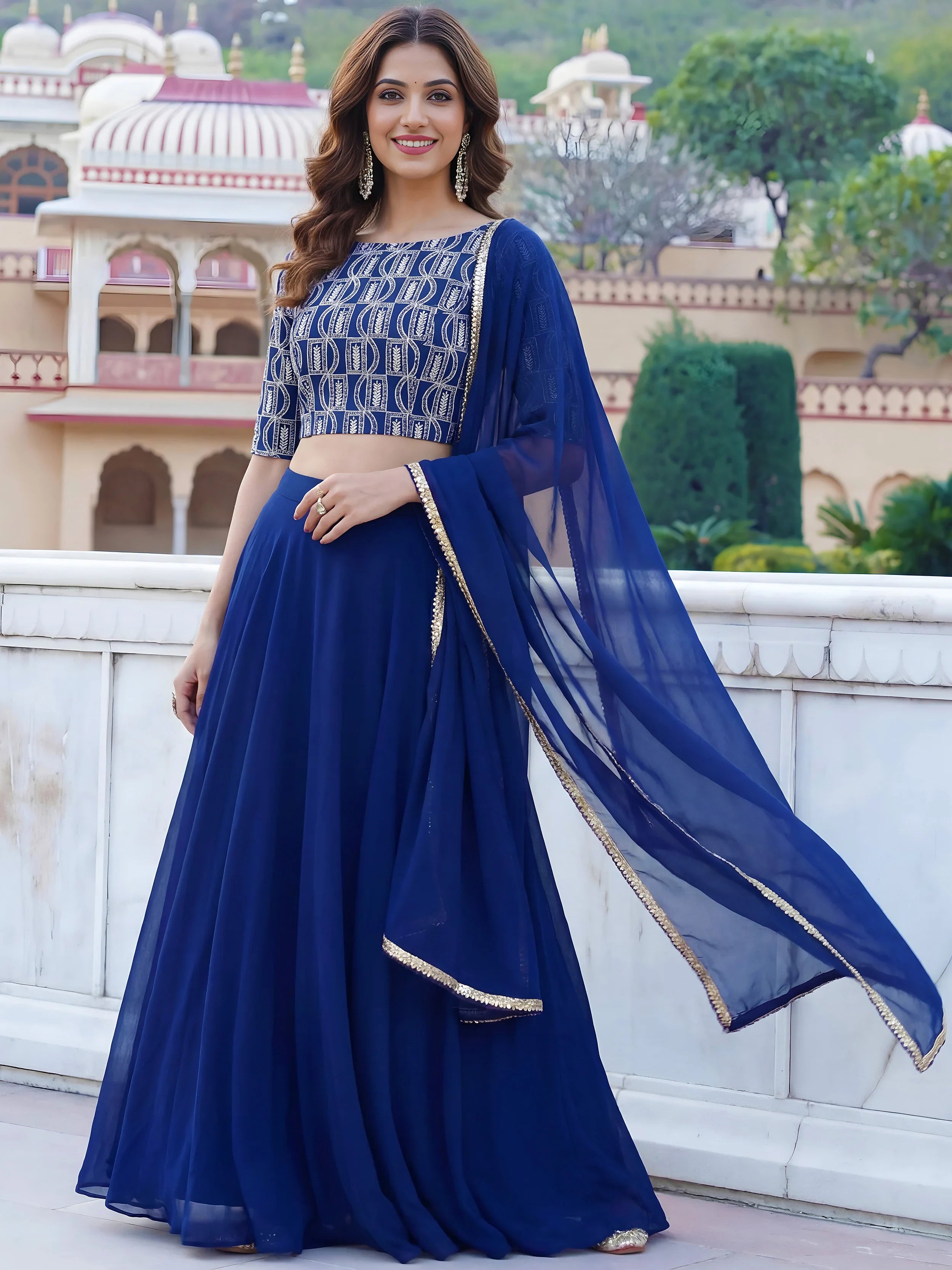 Glowing Blue Embroidered Georgette Sangeet Wear Plus Size Lehenga Choli