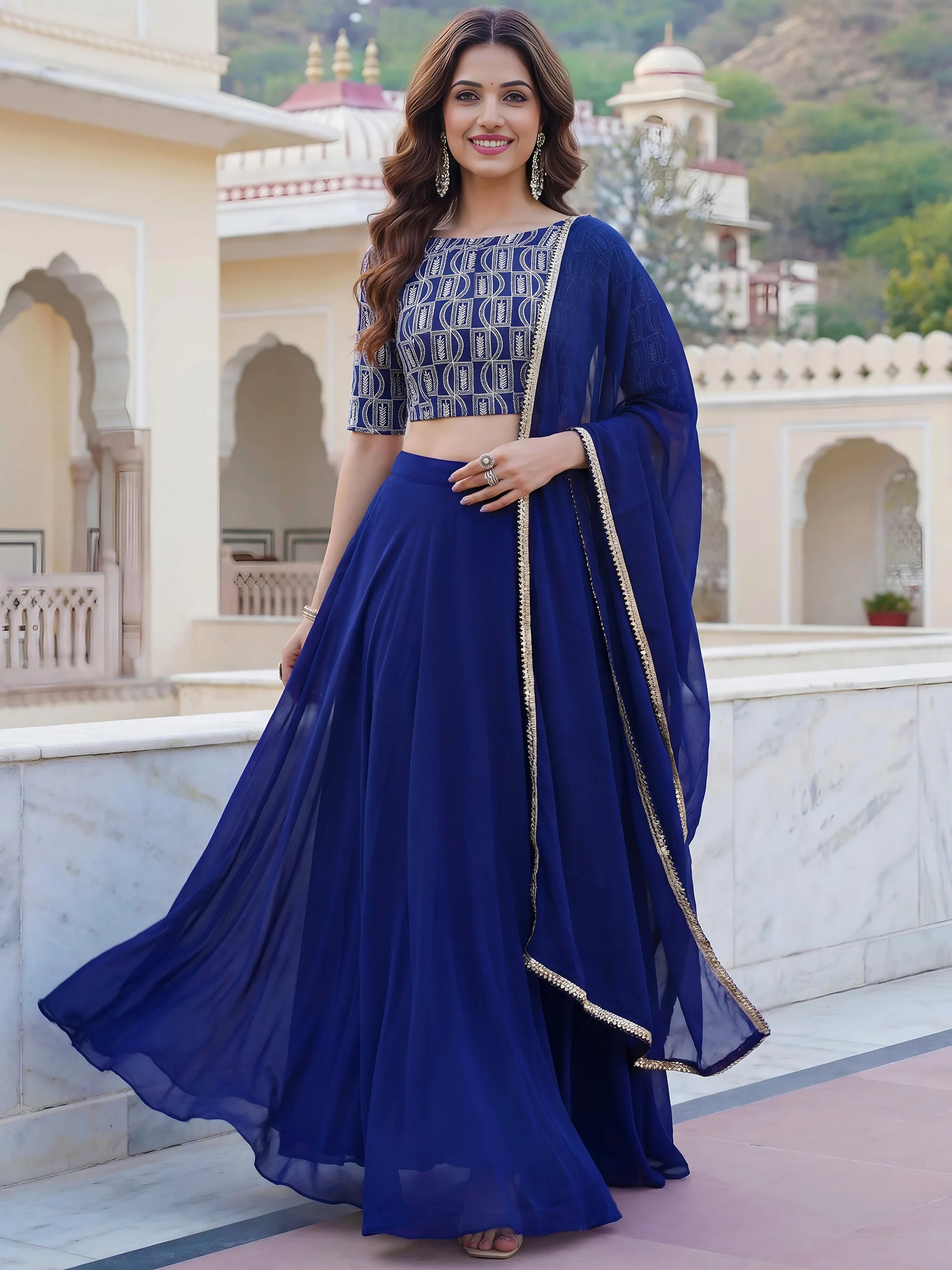Glowing Blue Embroidered Georgette Sangeet Wear Plus Size Lehenga Choli