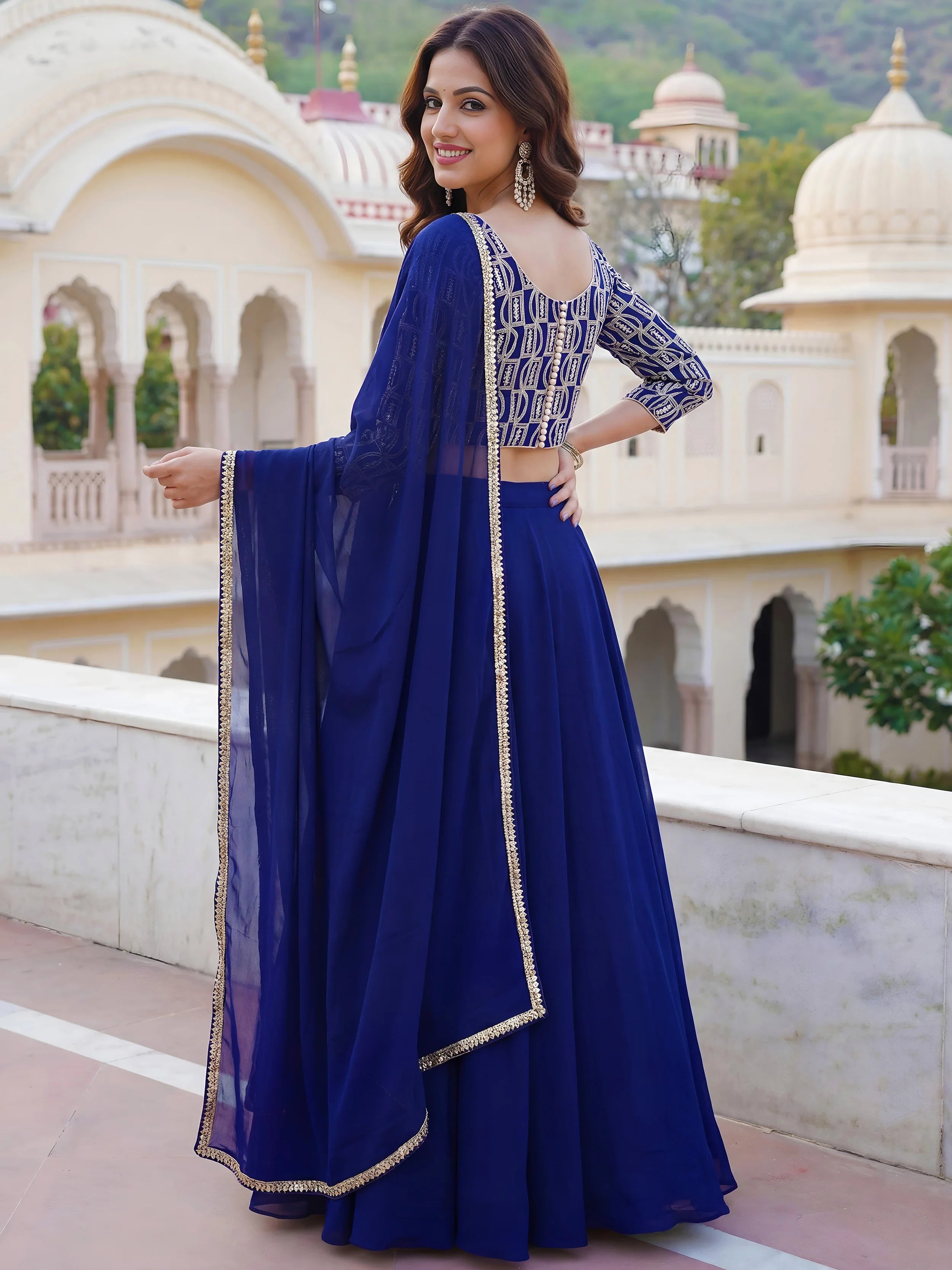 Glowing Blue Embroidered Georgette Sangeet Wear Plus Size Lehenga Choli