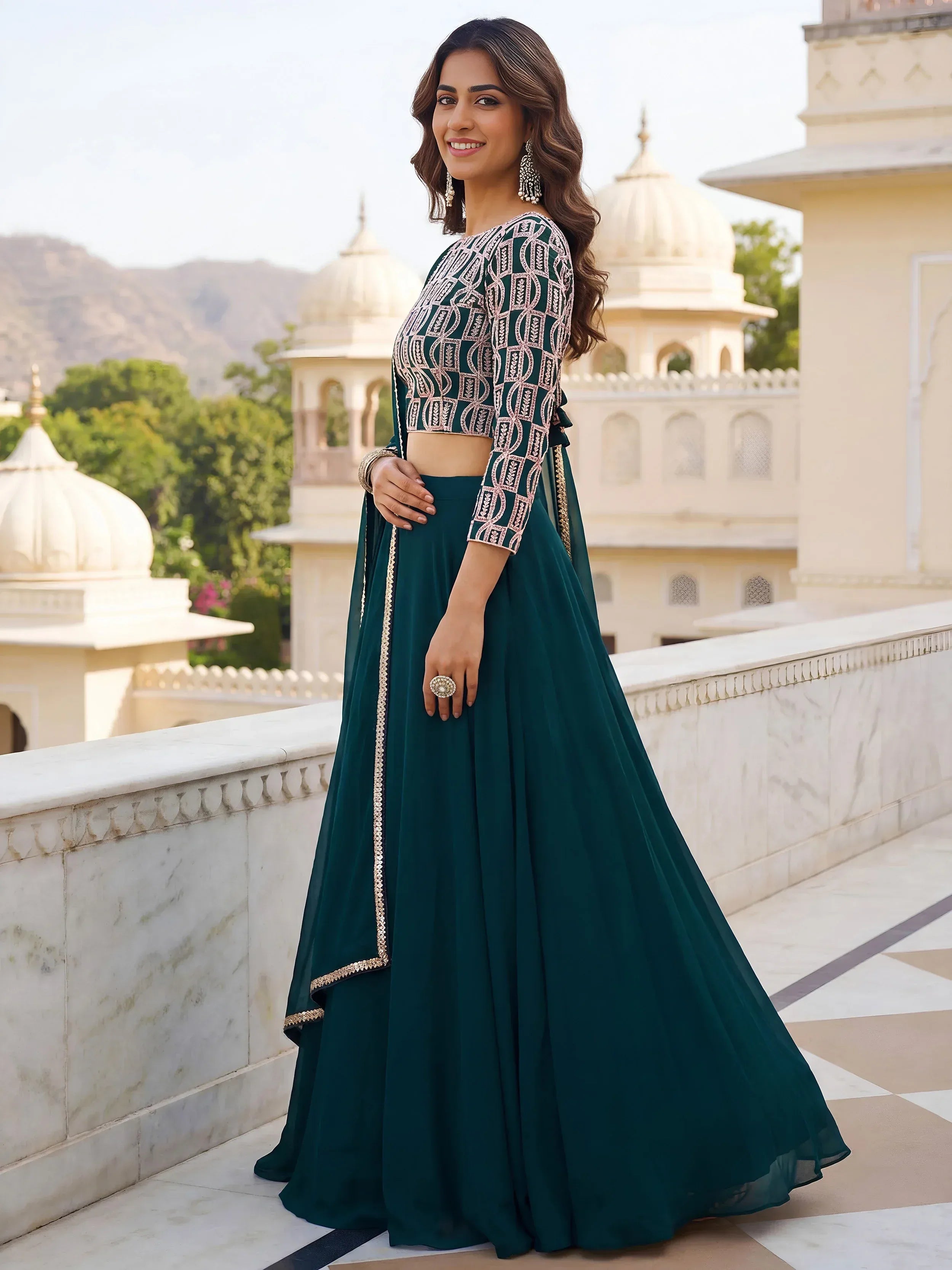 Great Green Embroidered Georgette Festive Wear Plus Size Lehenga Choli