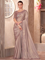 Regal Light Brown Crepe Border Work Event Wear Saree With Blouse