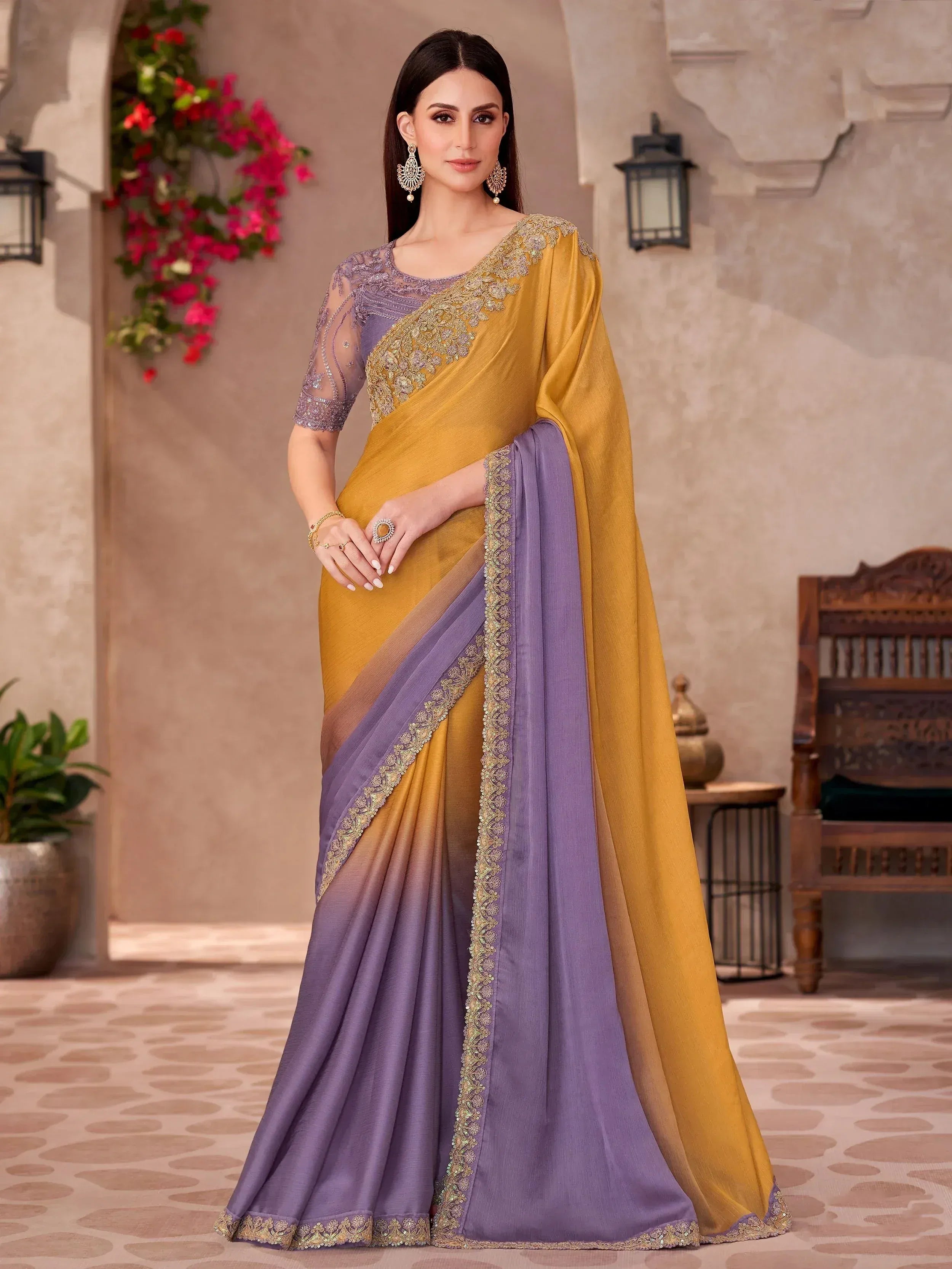 Elegant mustard and lavender saree with gold embroidery, perfect for Indian ethnic occasions