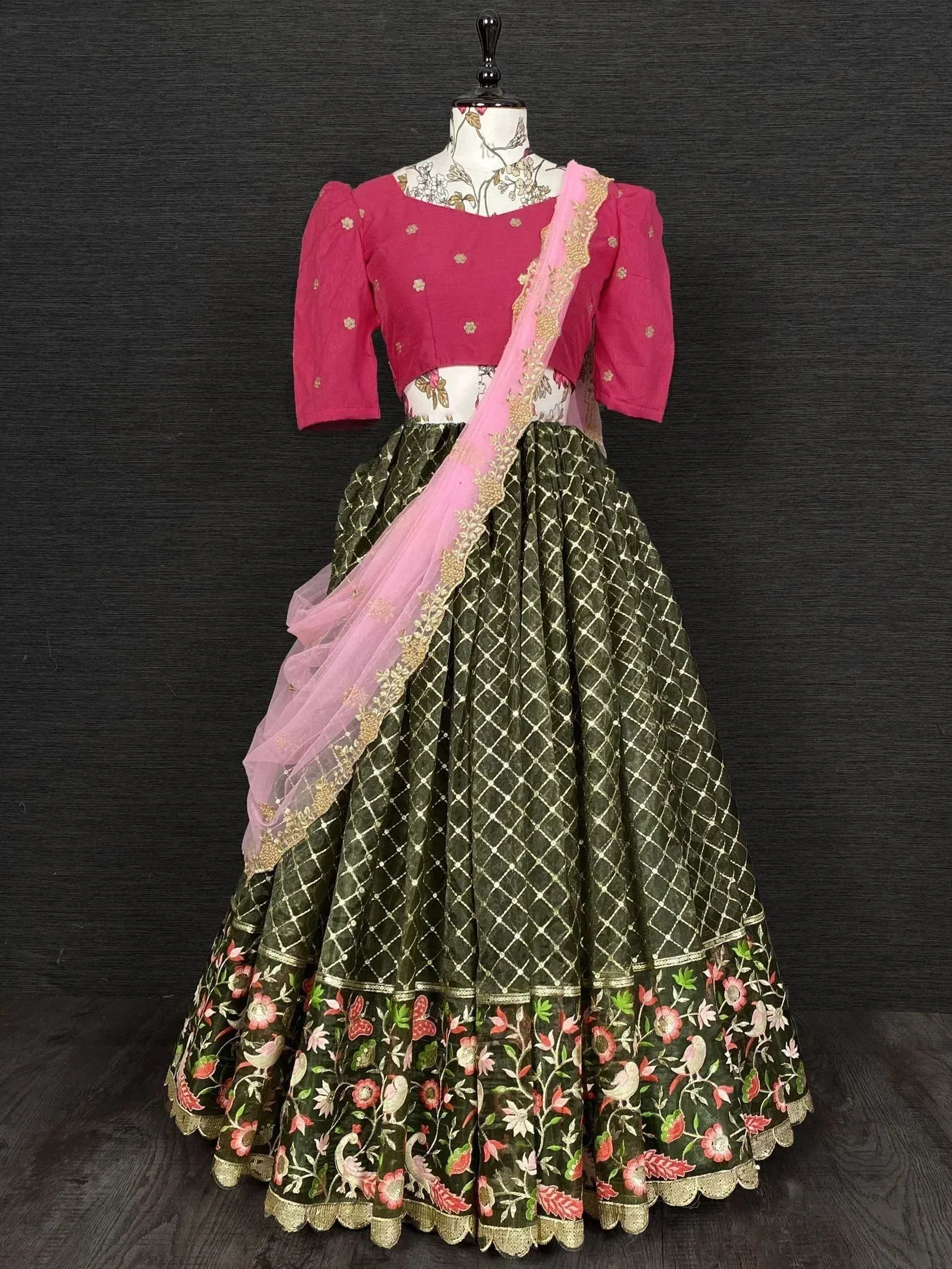 Pink and olive green embroidered lehenga choli with floral border and sheer dupatta, Indian ethnic wear