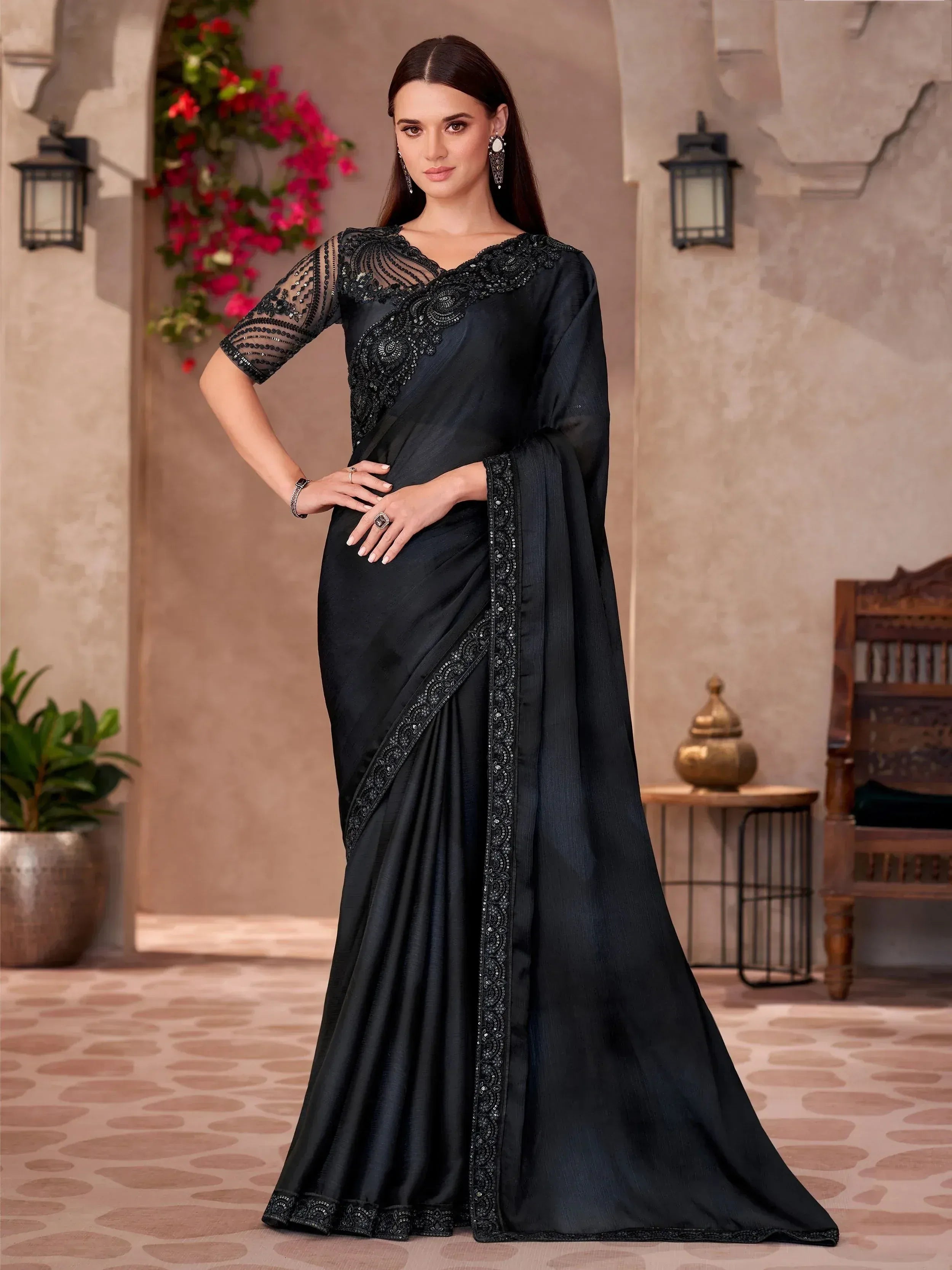 Black designer saree with sequin embroidery, ethnic wear for women, perfect for parties and weddings