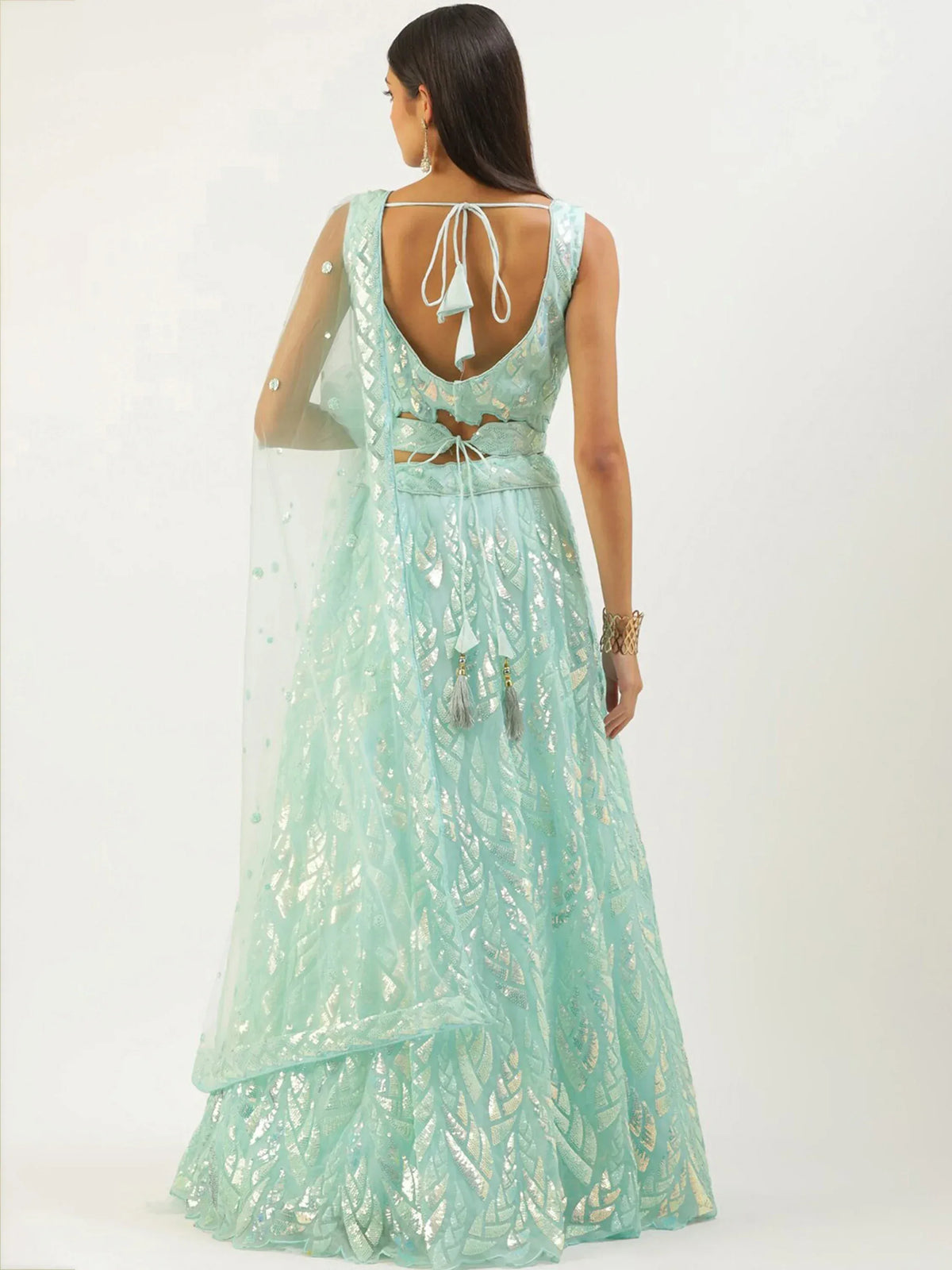 Outstanding Sky Blue Sequins Net Lehenga Choli With Dupatta