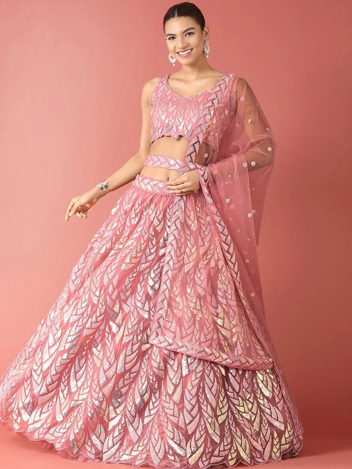 Fantastic Pink Sequins Net Reception Wear Lehenga Choli With Dupatta