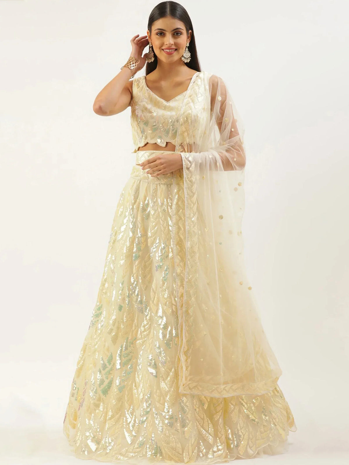 Attractive Beige Sequins Net Wedding Wear Lehenga Choli With Dupatta