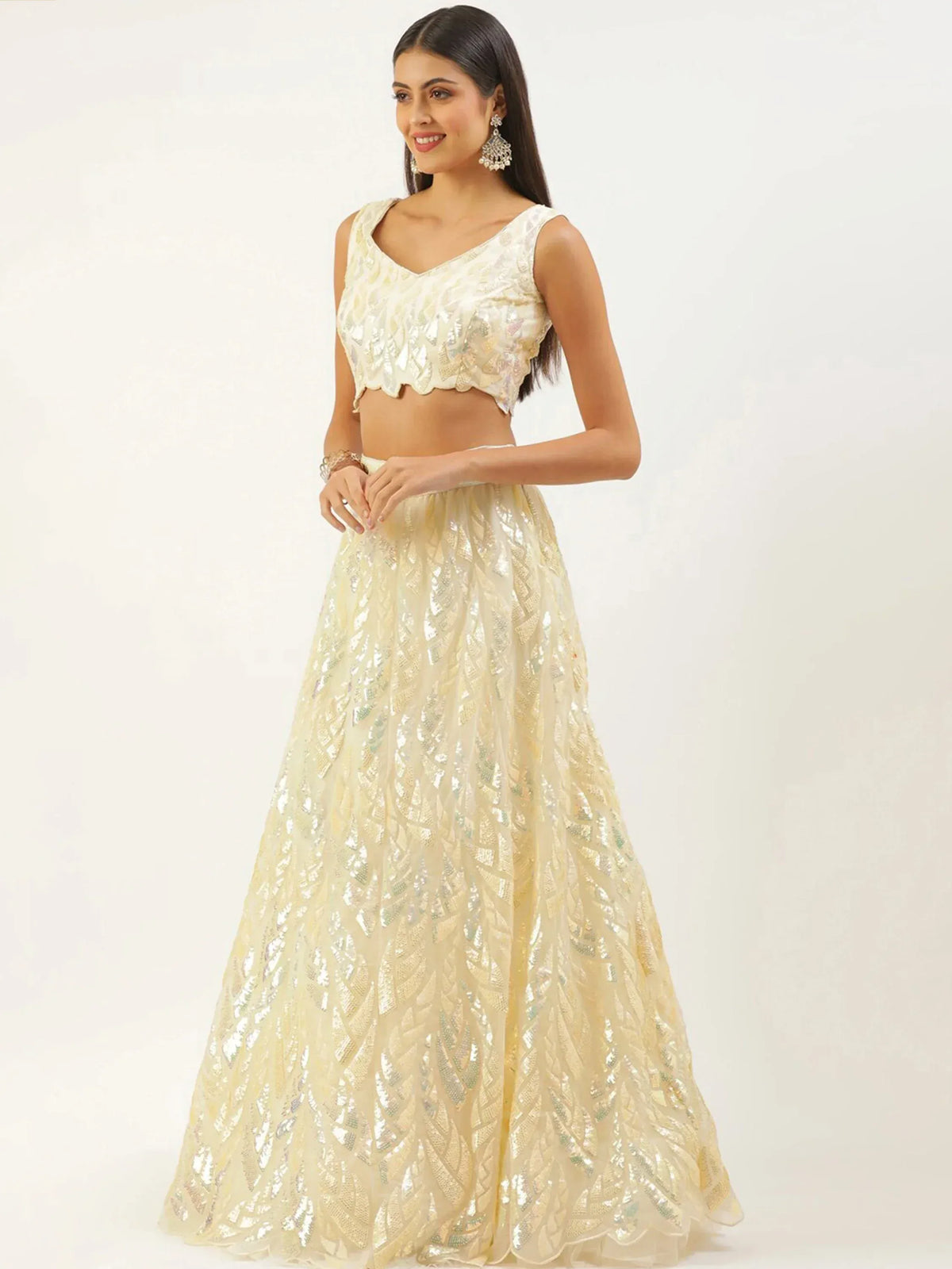 Attractive Beige Sequins Net Wedding Wear Lehenga Choli With Dupatta
