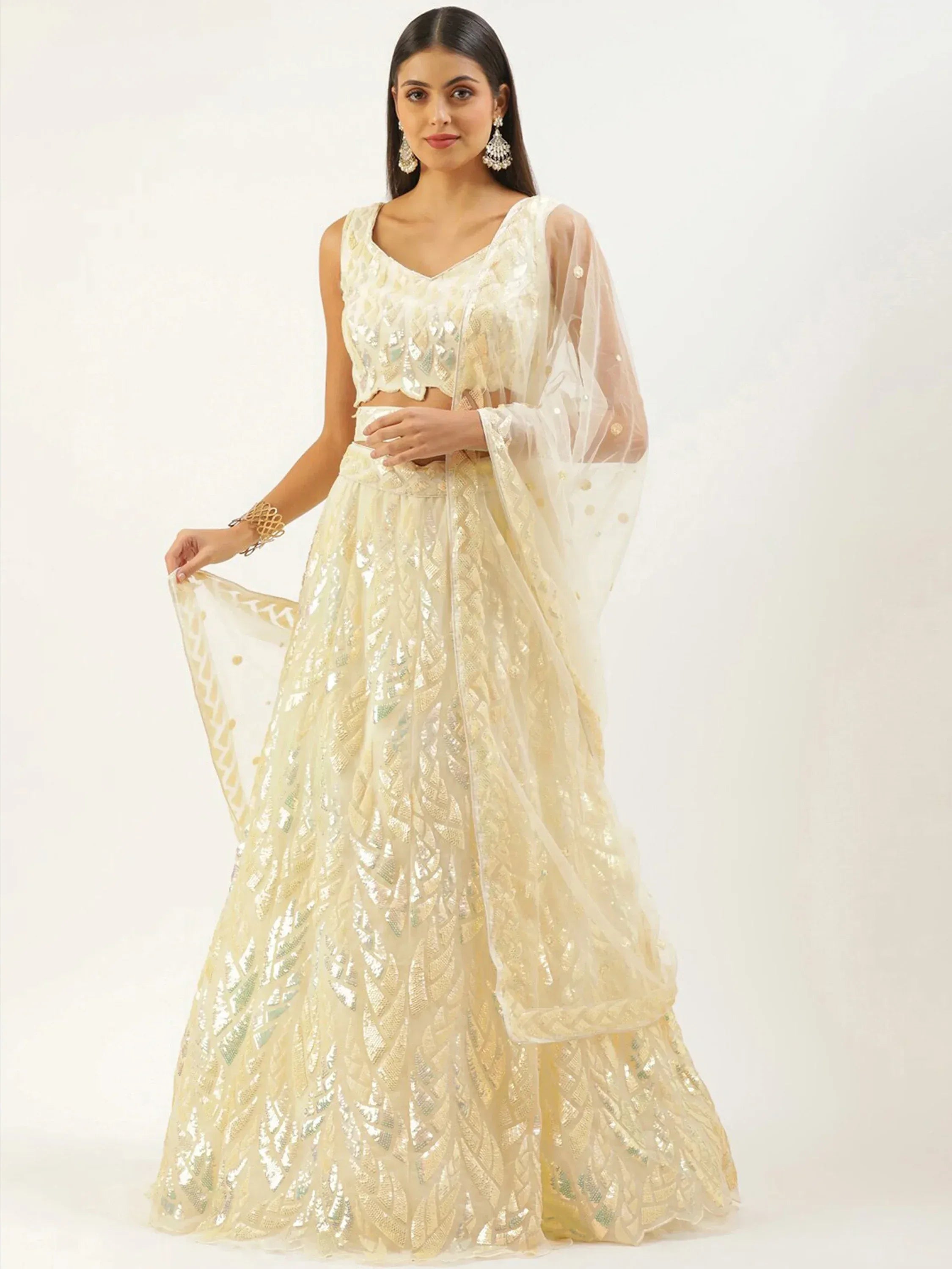 Attractive Beige Sequins Net Wedding Wear Lehenga Choli With Dupatta