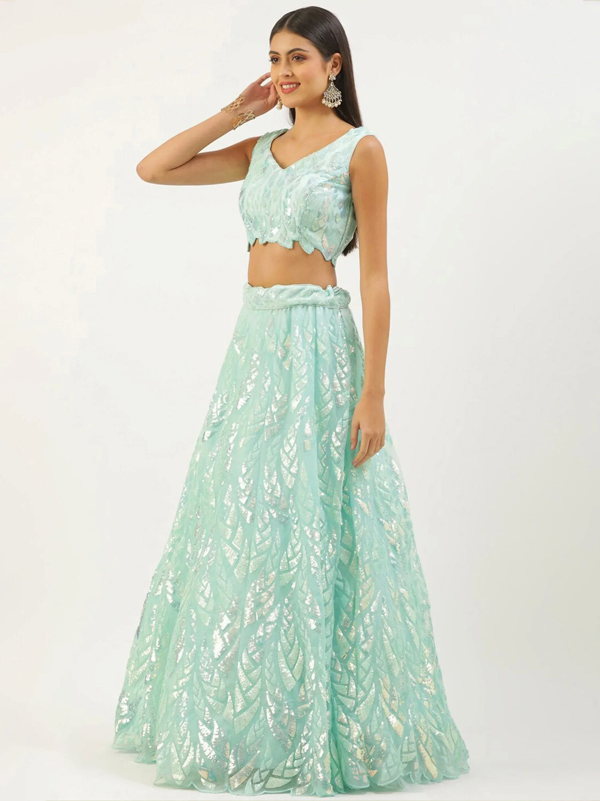 Outstanding Sky Blue Sequins Net Lehenga Choli With Dupatta