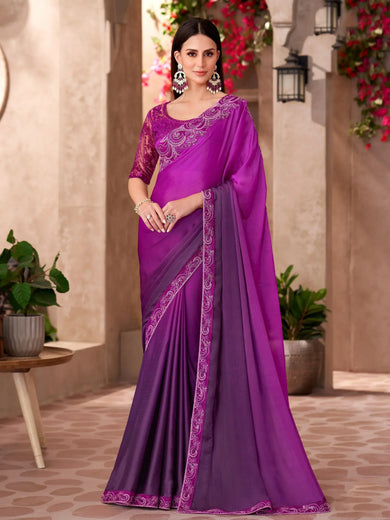 Awesome Violet Chiffon Border Work Reception Wear Saree With Blouse