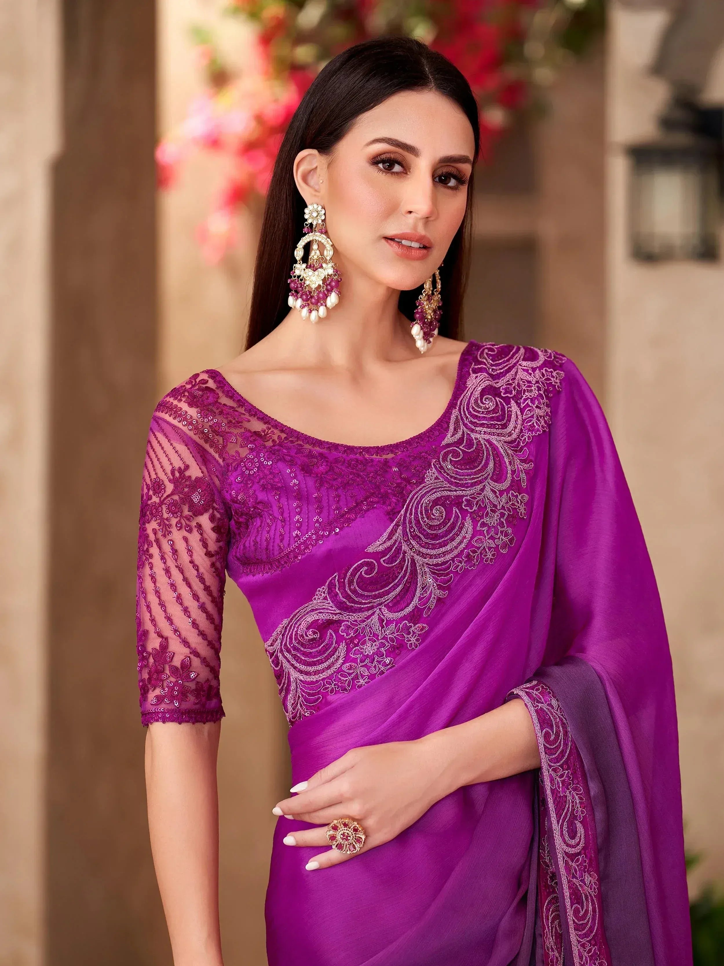 Purple embroidered saree with lace blouse, perfect for Indian ethnic occasions and festive wear.