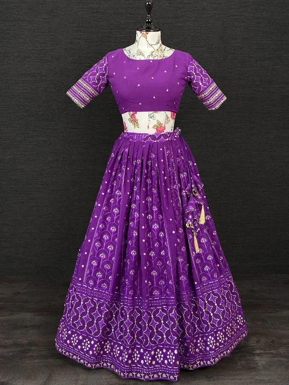 Purple embroidered lehenga choli with floral blouse, Indian ethnic wear for weddings and festivals