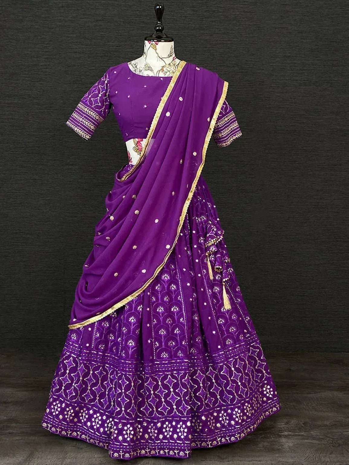 Purple designer lehenga choli with gold embroidery and dupatta, ethnic Indian wear for women