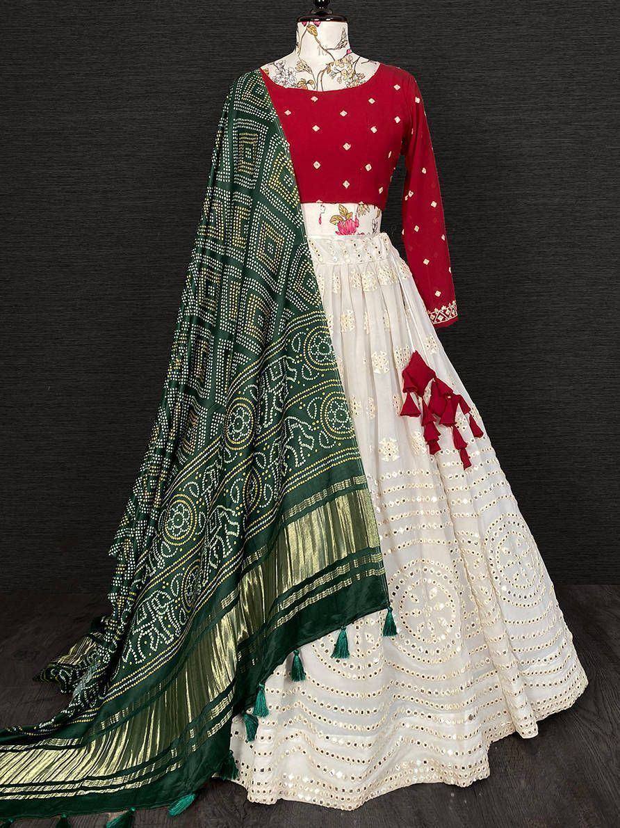 Red and white embroidered lehenga choli with green dupatta, Indian ethnic wear for women