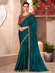 Artistic Teal Blue Chiffon Border Work Festival Wear Saree